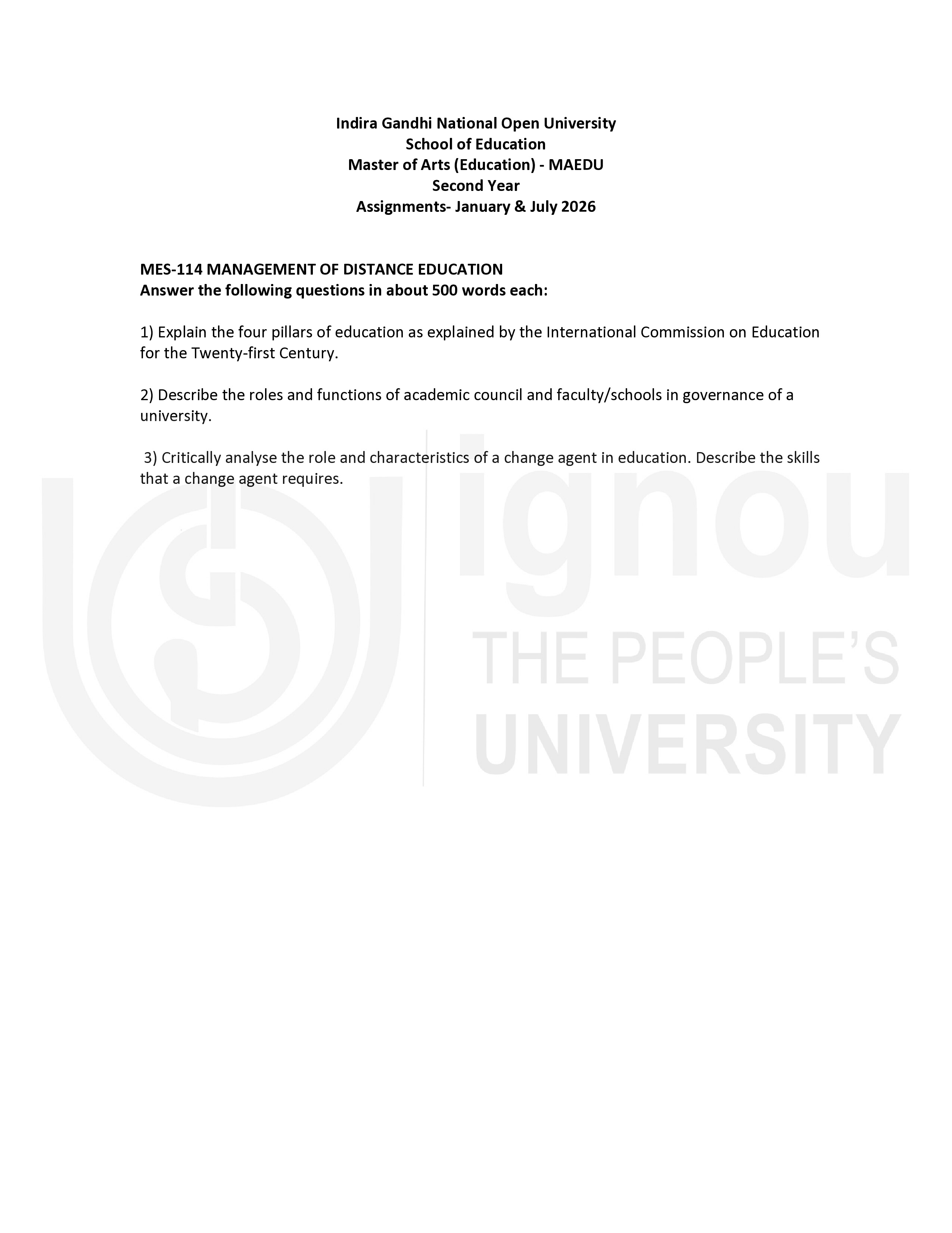 IGNOU MES 114 Solved Assignment 2026-26 – Management of Distance Education (English) | IGNOU Students Portal
