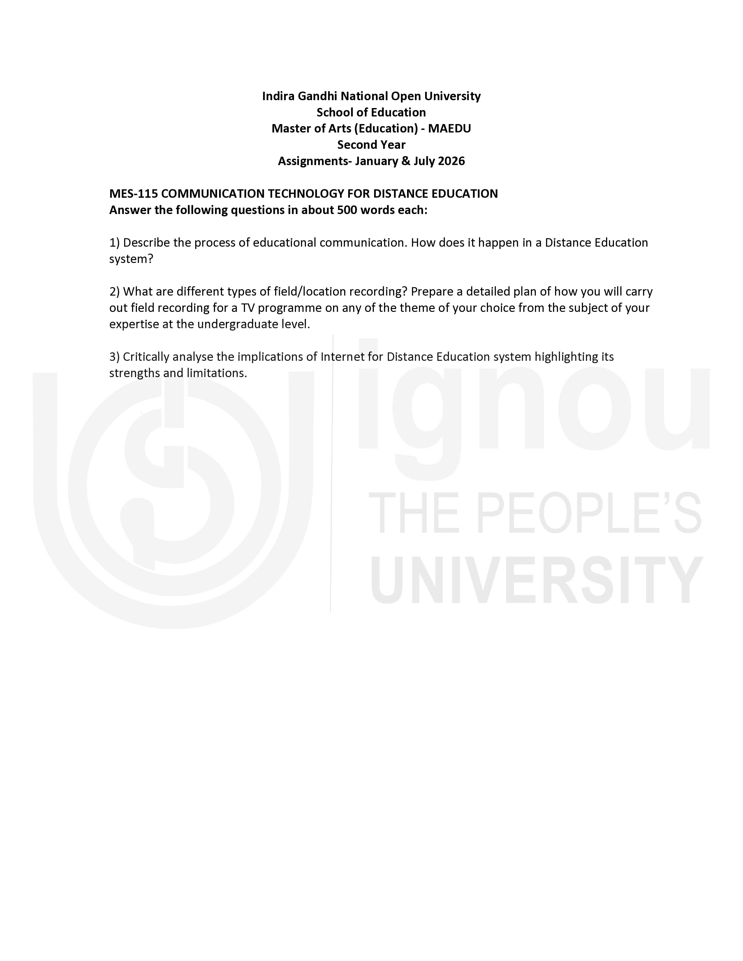 IGNOU MES 115 Solved Assignment 2026-26 – Communication Technology for Distance Education (English) | IGNOU Students Portal
