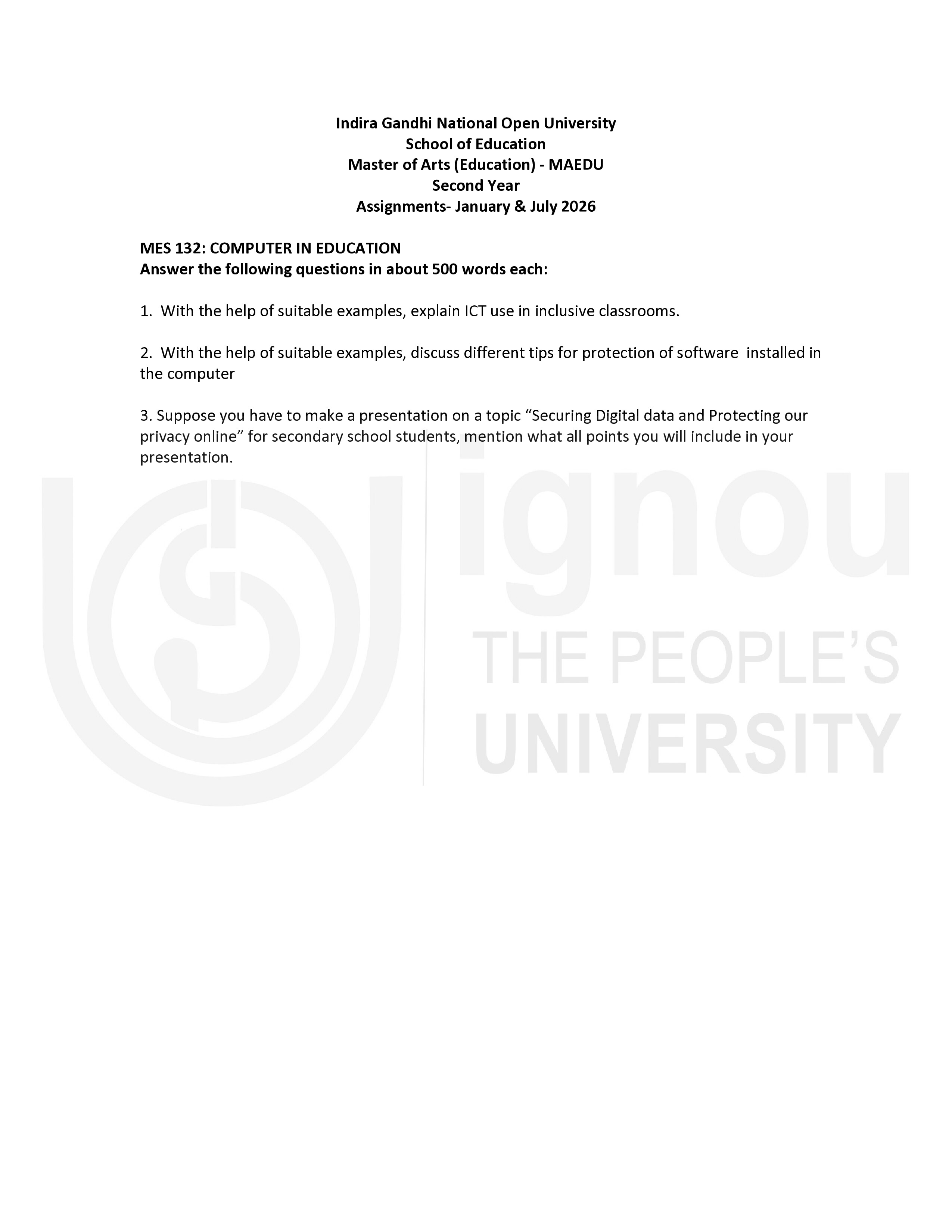 IGNOU MES 132 Solved Assignment 2026-26 – Computer in Education (English) | IGNOU Students Portal