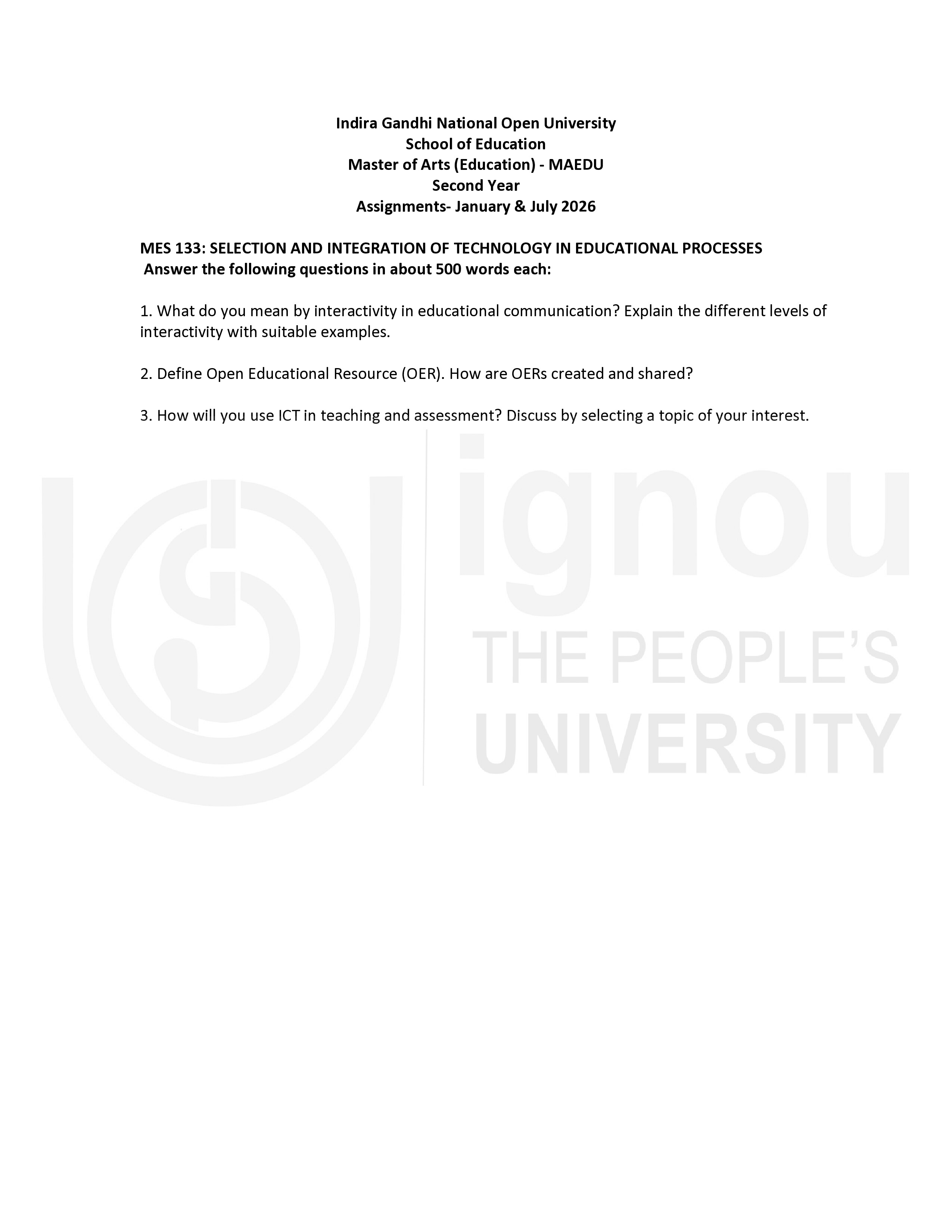 IGNOU MES 133 Solved Assignment 2026-26 – Selection and Integration of Technology in Educational Processes (English) | IGNOU Students Portal