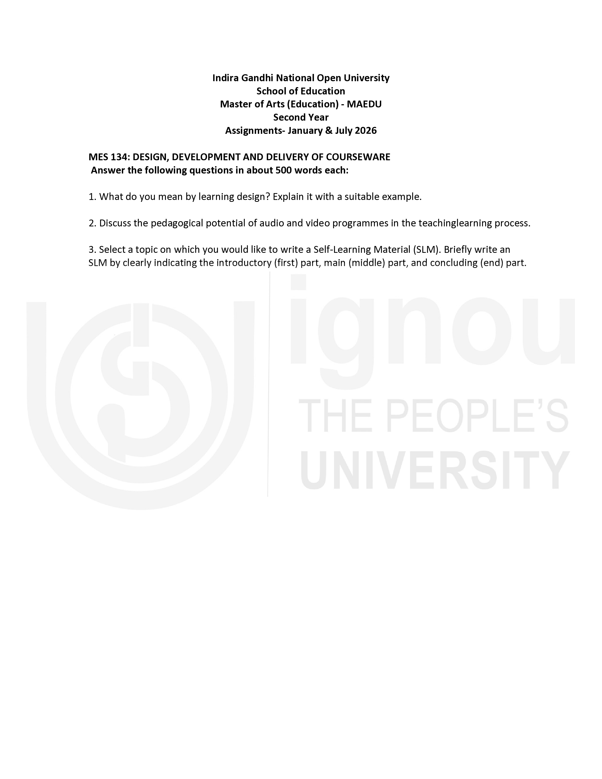 IGNOU MES 134 Solved Assignment 2026-26 – Design, Development and Delivery of Courseware (English) | IGNOU Students Portal