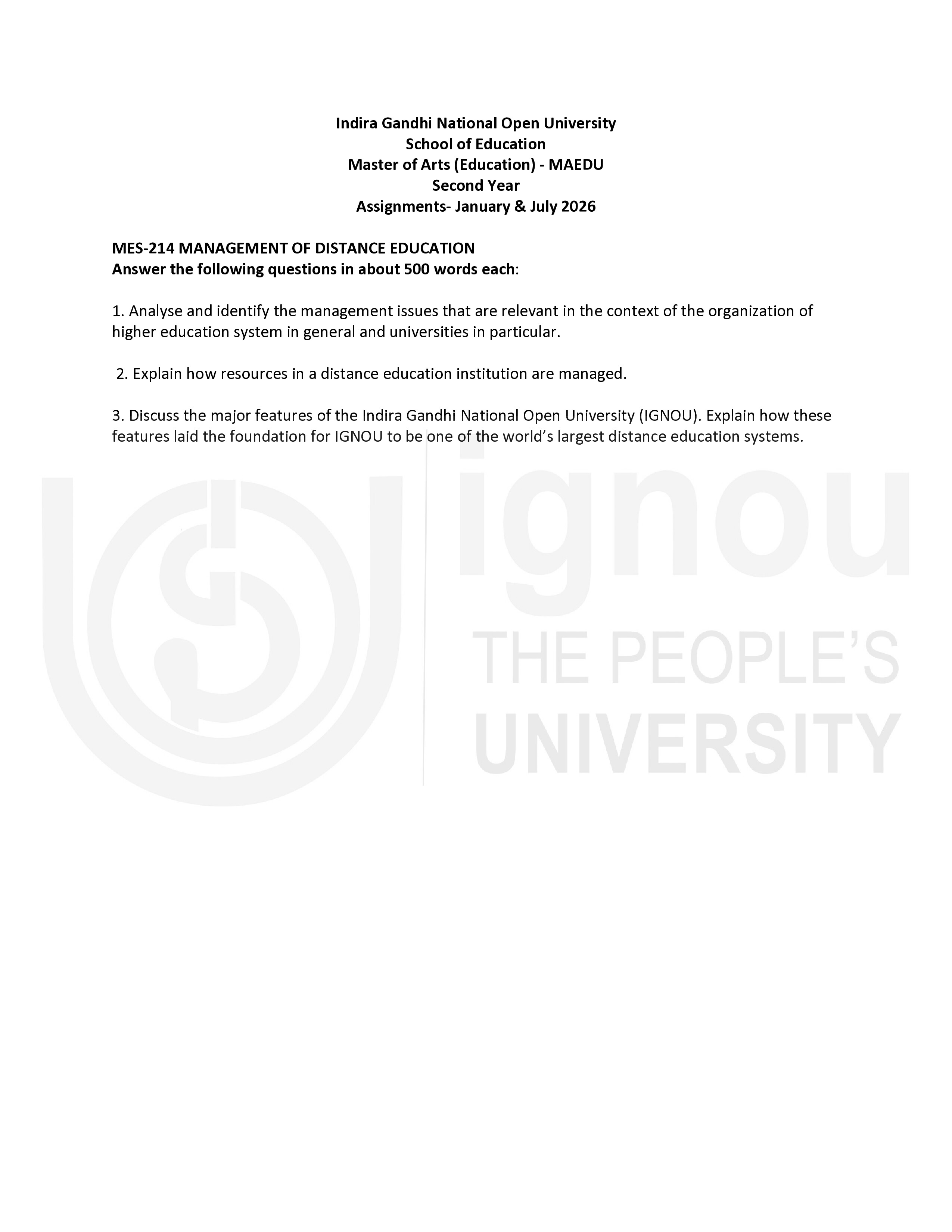 IGNOU MES 214 Solved Assignment 2026-26 – Management of Distance Education (English) | IGNOU Students Portal