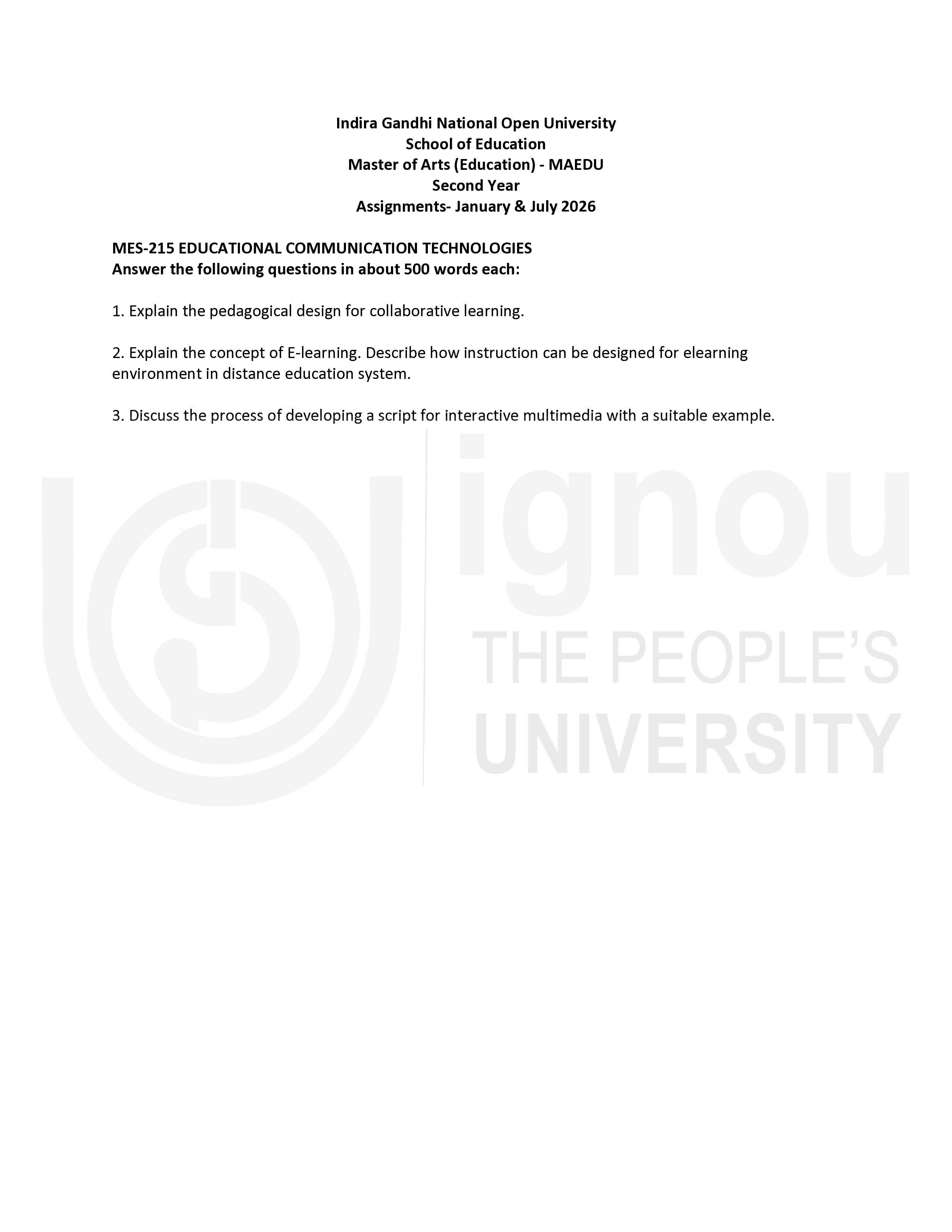 IGNOU MES 215 Solved Assignment 2026-26 – Educational Communication Technologies (English) | IGNOU Students Portal