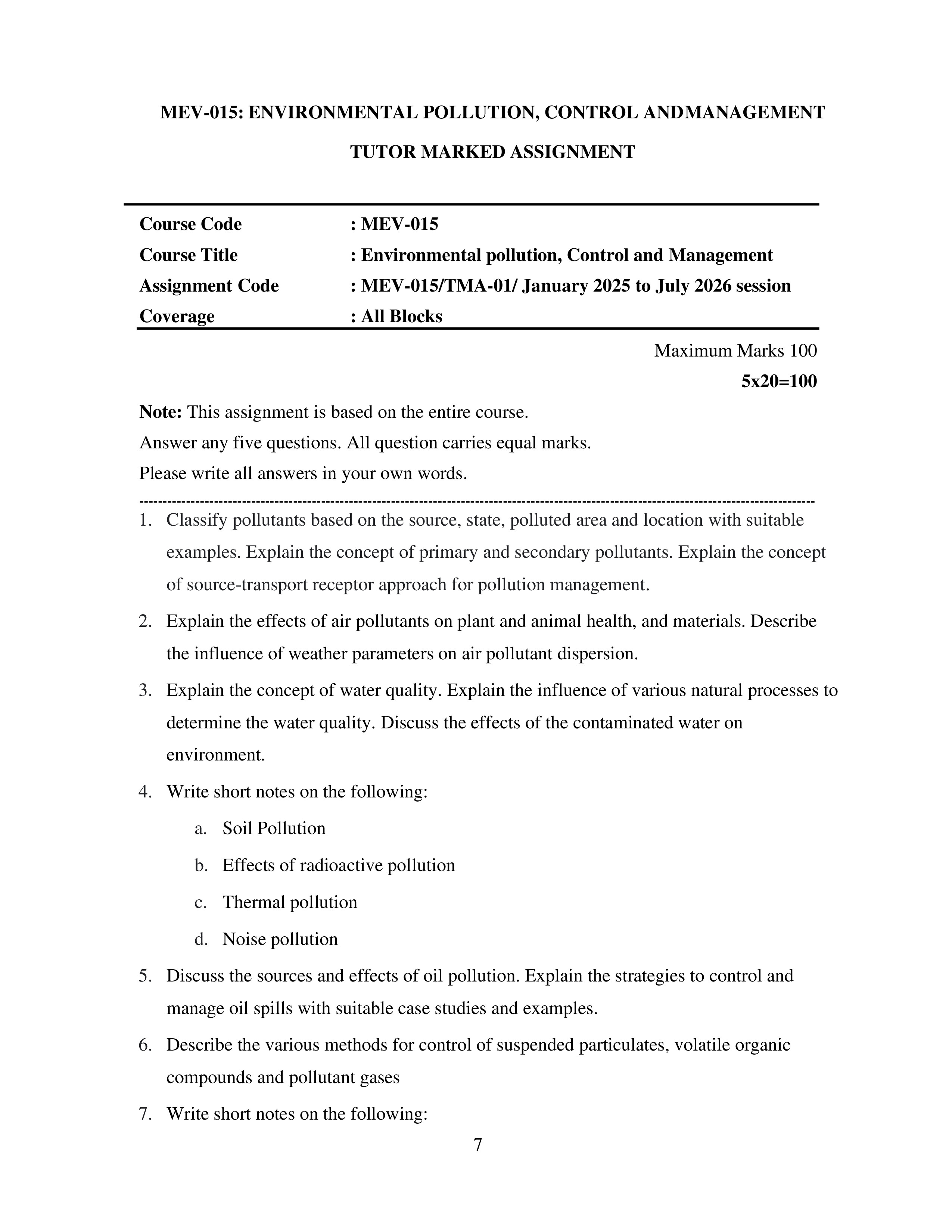 IGNOU MEV 015 Solved Assignment 2025-2026 – Environmental Pollution, Control and Management (English) | IGNOU Students Portal