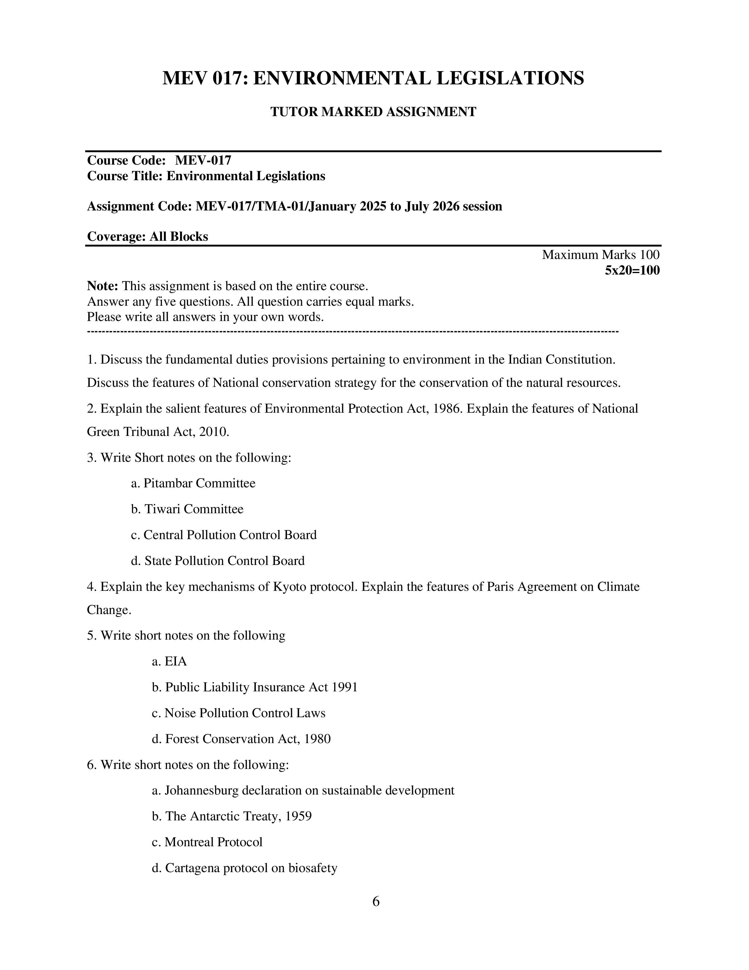 IGNOU MEV 017 Solved Assignment 2025-2026 – Environmental Legislations (English) | IGNOU Students Portal