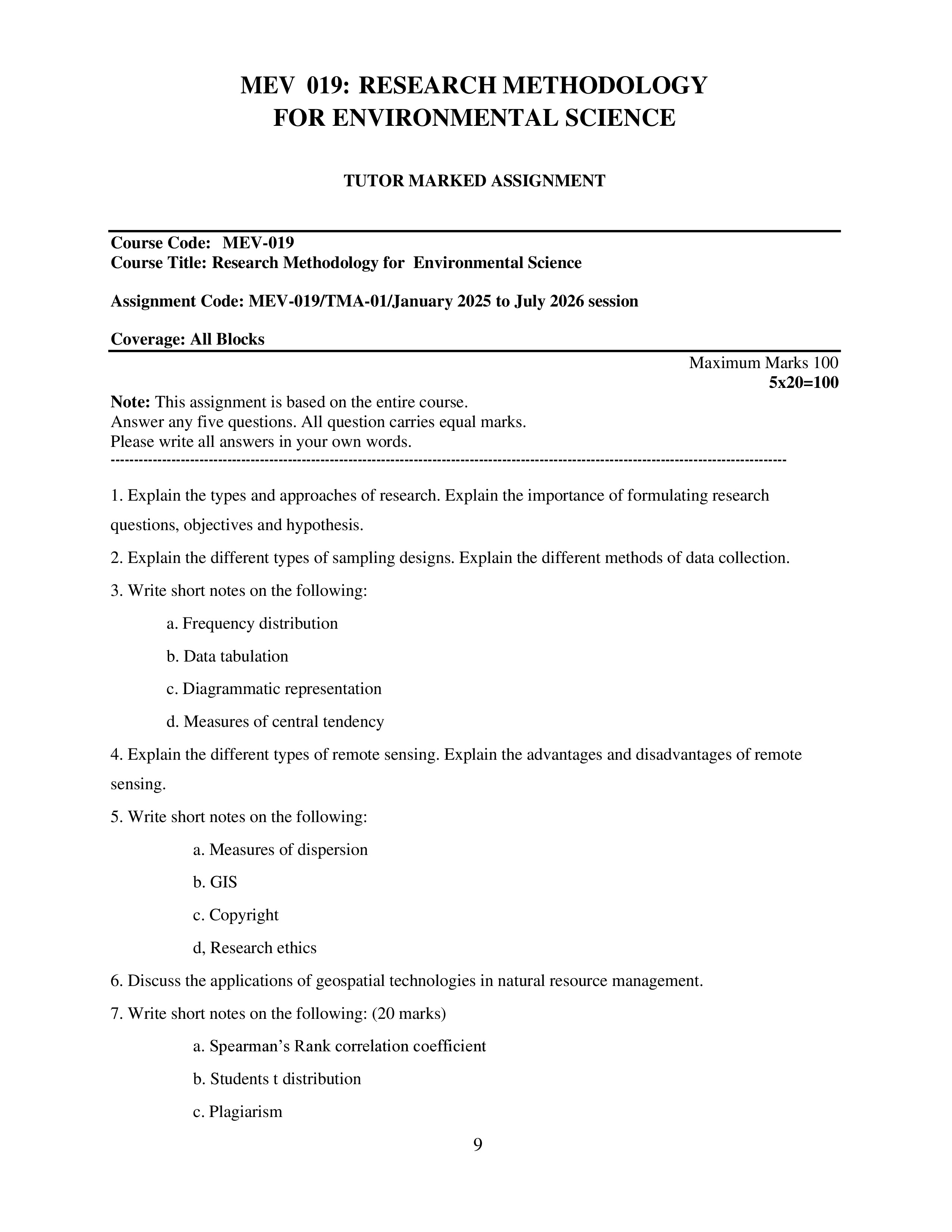 IGNOU MEV 019 Solved Assignment 2025-2026 – Research Methodology for Environmental Science (English) | IGNOU Students Portal