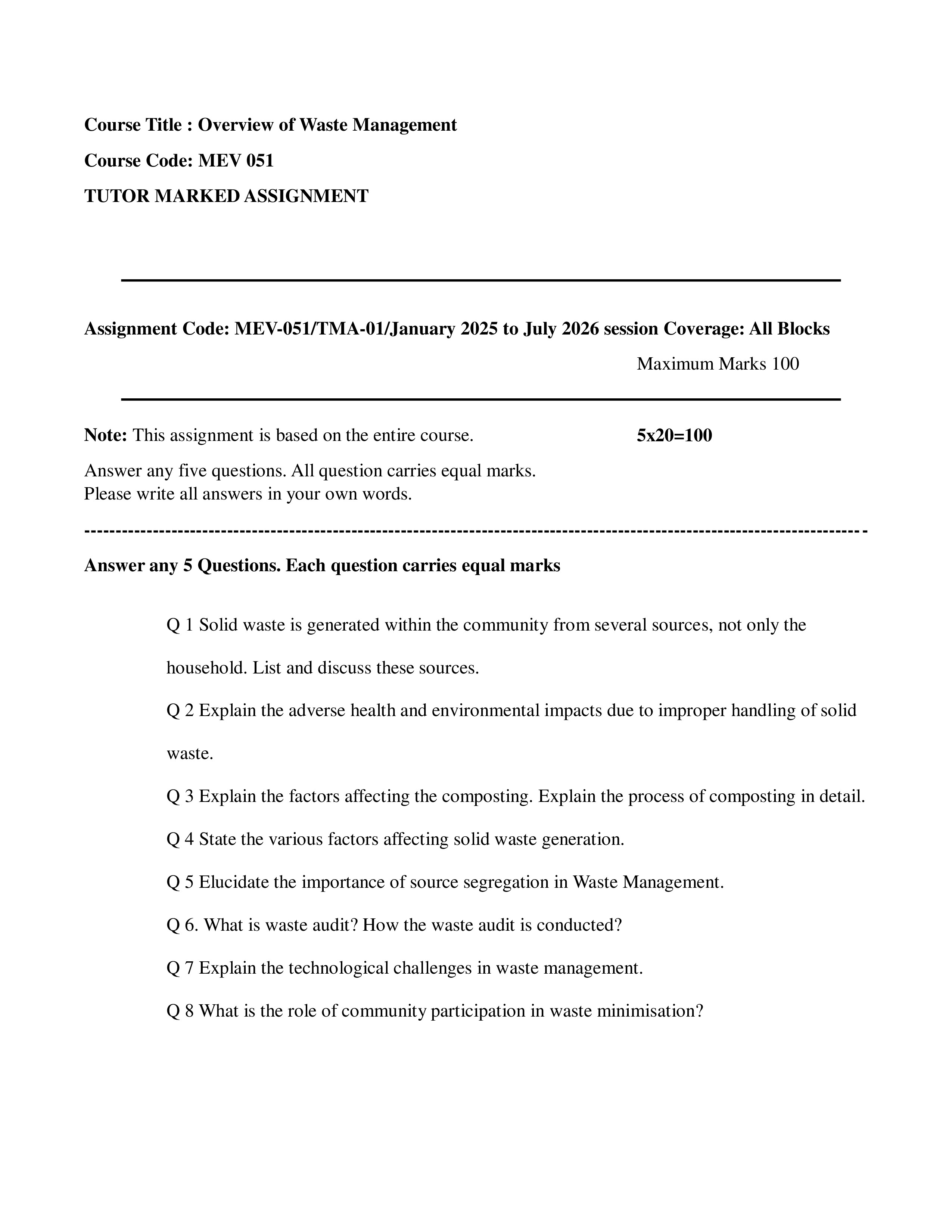 IGNOU MEV 051 Solved Assignment 2026-26 – Overview of Waste Management (English) | IGNOU Students Portal