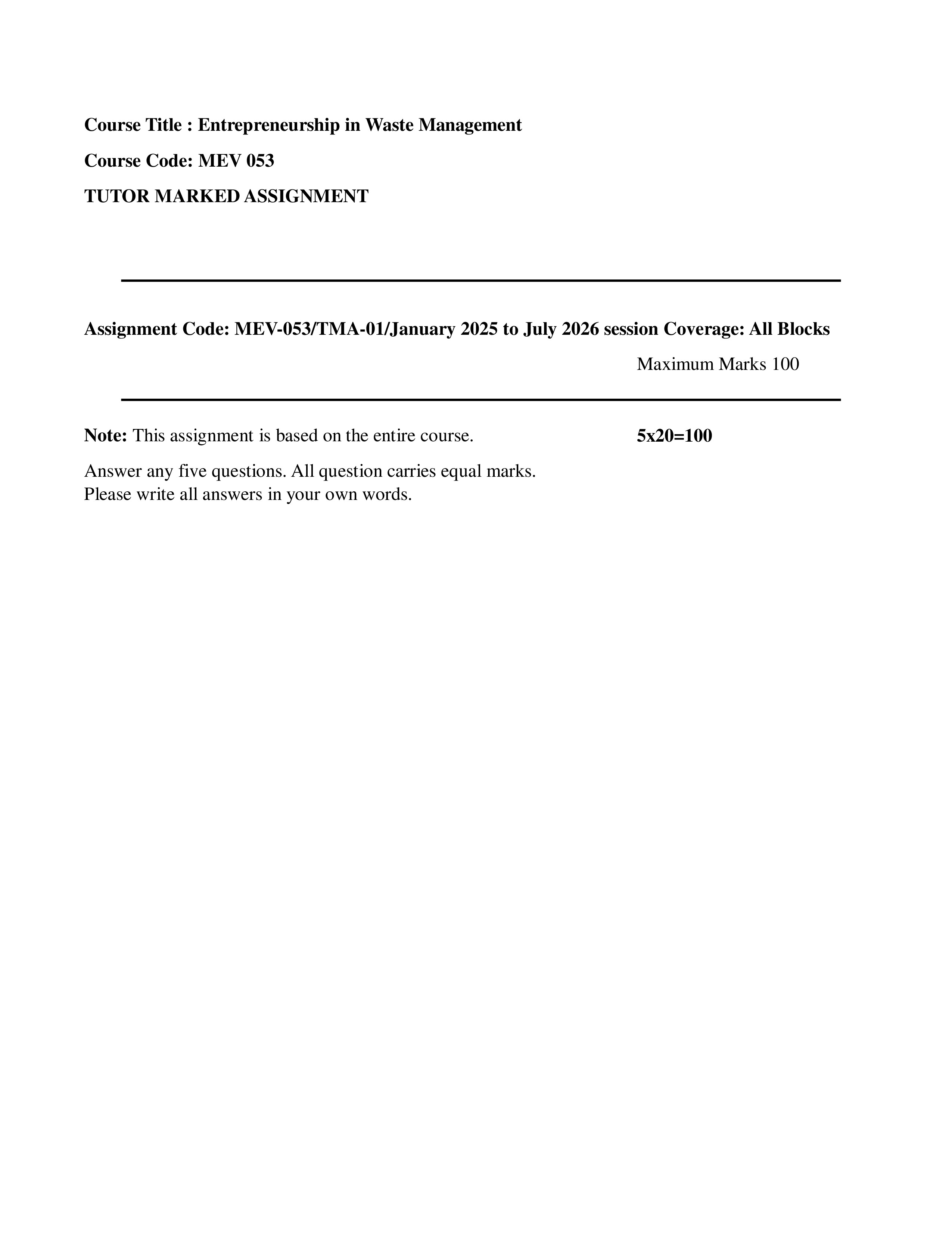 IGNOU MEV 053 Solved Assignment 2026-26 – Entrepreneurship in Waste Management (English) | IGNOU Students Portal
