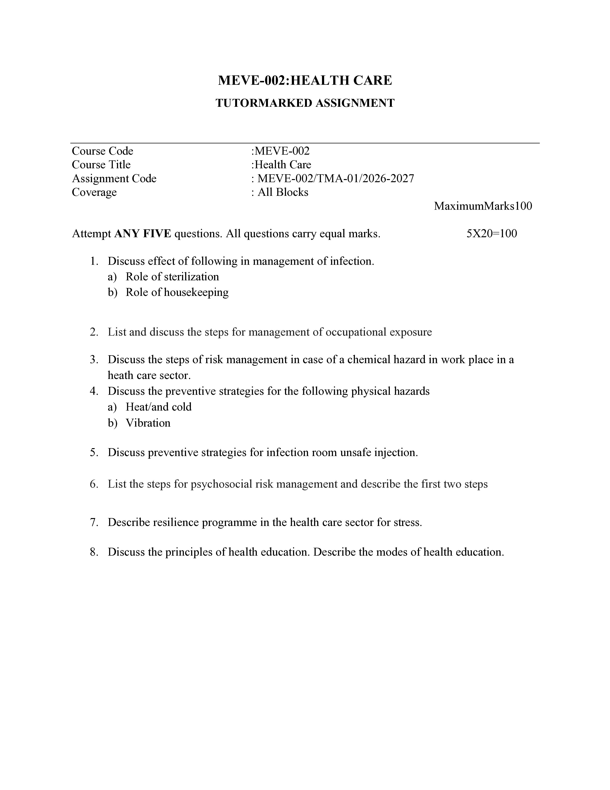 IGNOU MEVE 002 Solved Assignment 2026-26 – Health Care (English) | IGNOU Students Portal