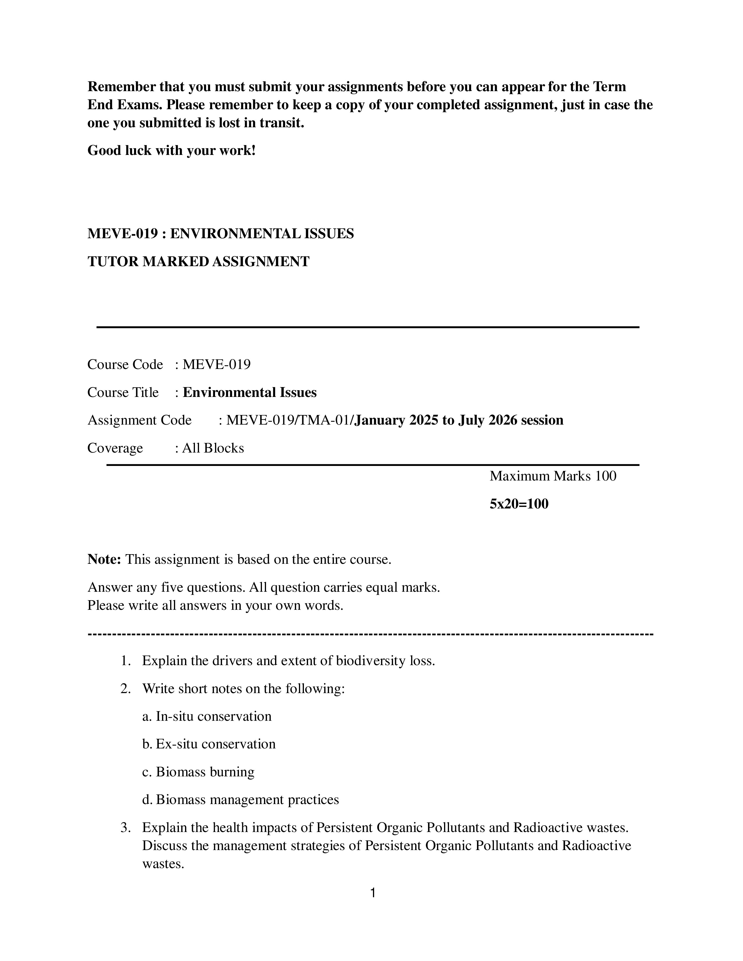 IGNOU MEVE 019 Solved Assignment 2026-26 – Environmental Issues (English) | IGNOU Students Portal