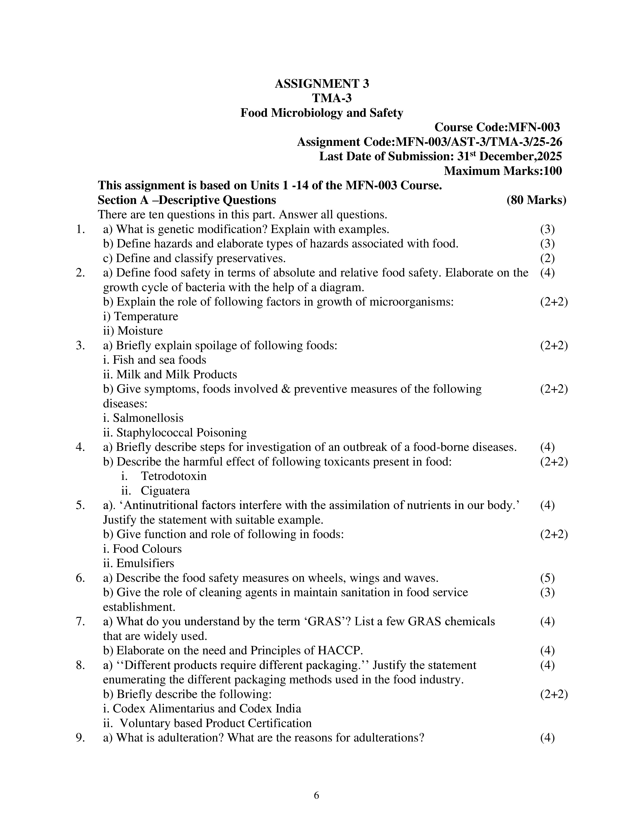 IGNOU MFN 003 Solved Assignment 2025-25 – Food Microbiology and Safety (English) | IGNOU Students Portal