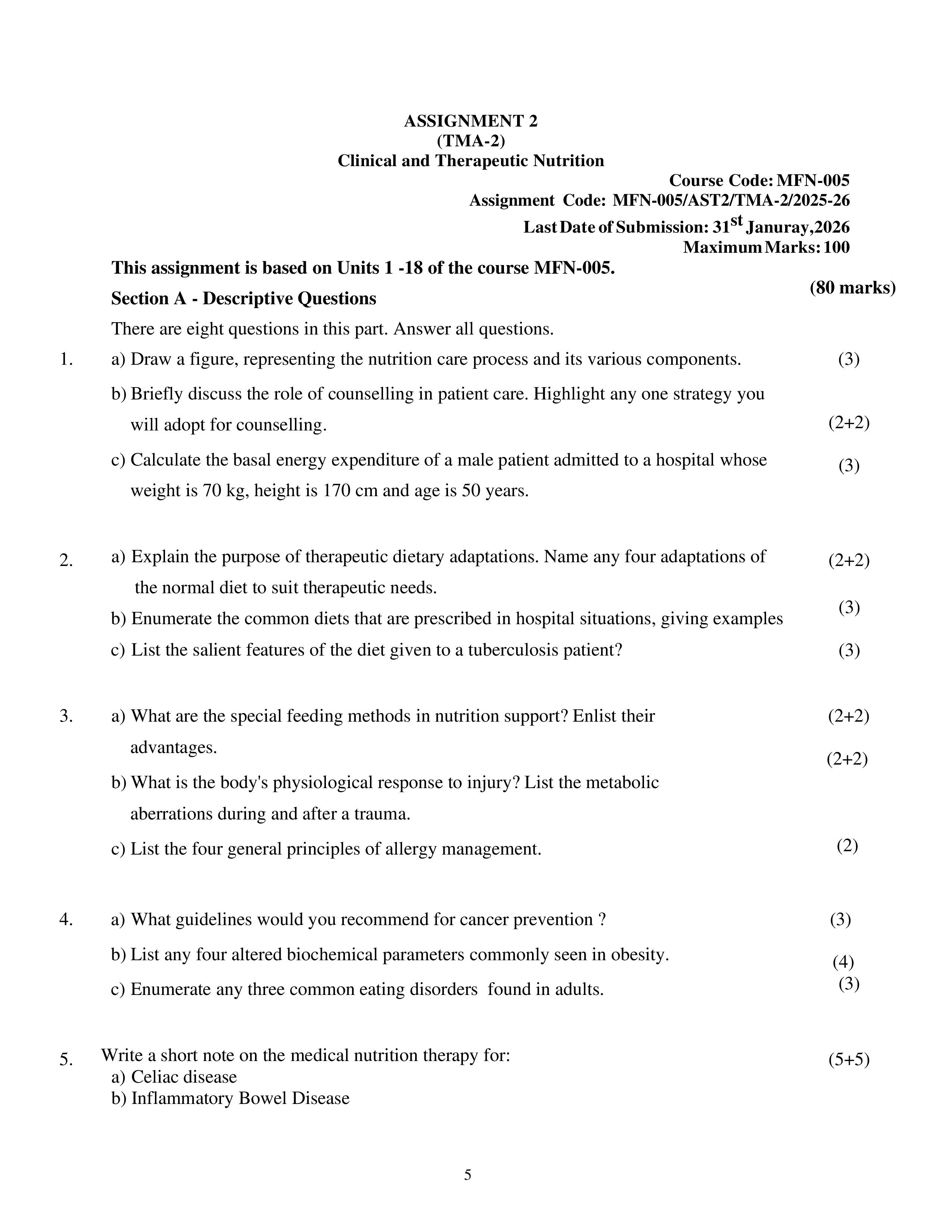 IGNOU MFN 005 Solved Assignment 2025-25 – Clinical and Therapeutic Nutrition (English) | IGNOU Students Portal