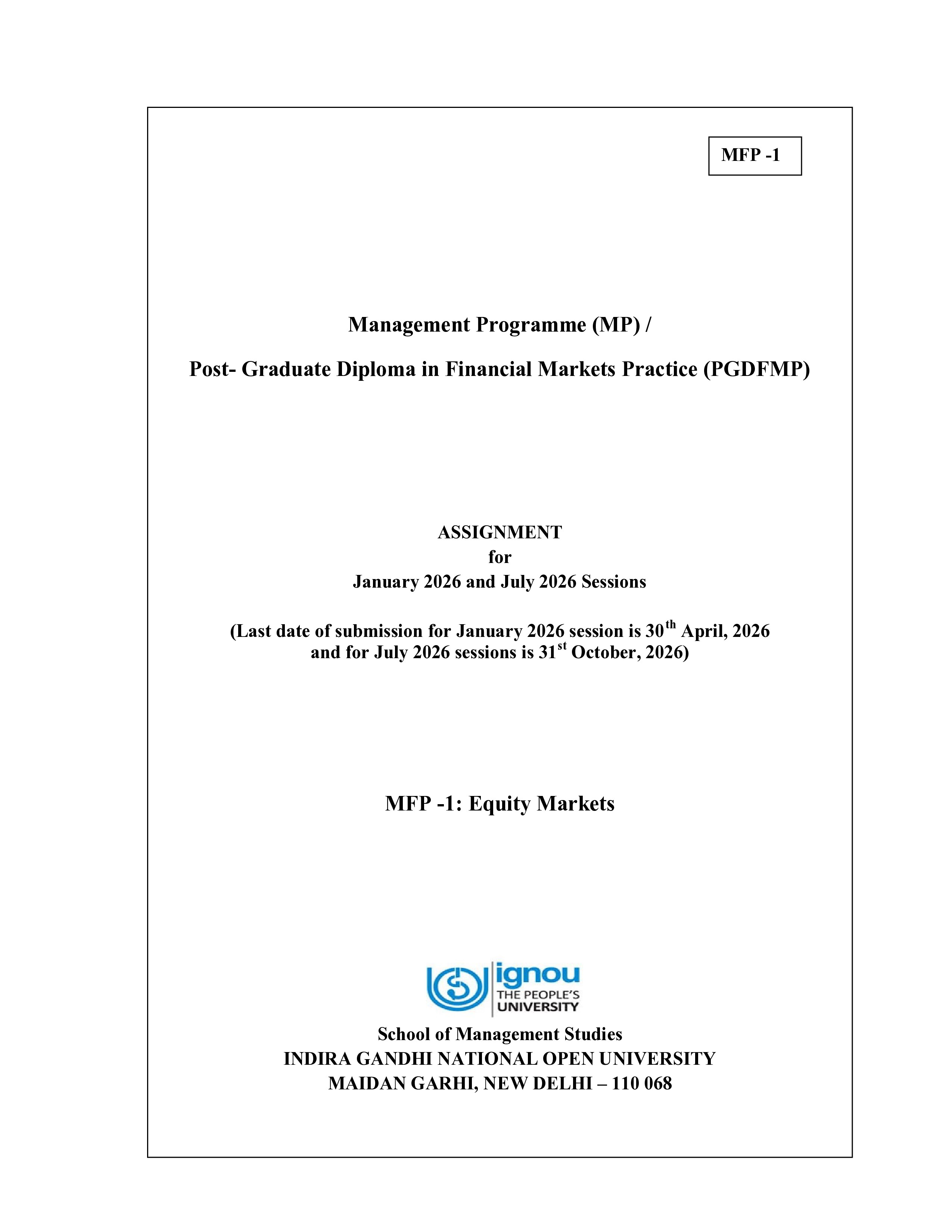 IGNOU MFP 001 Solved Assignment 2026-26 – Equity Markets (English) | IGNOU Students Portal