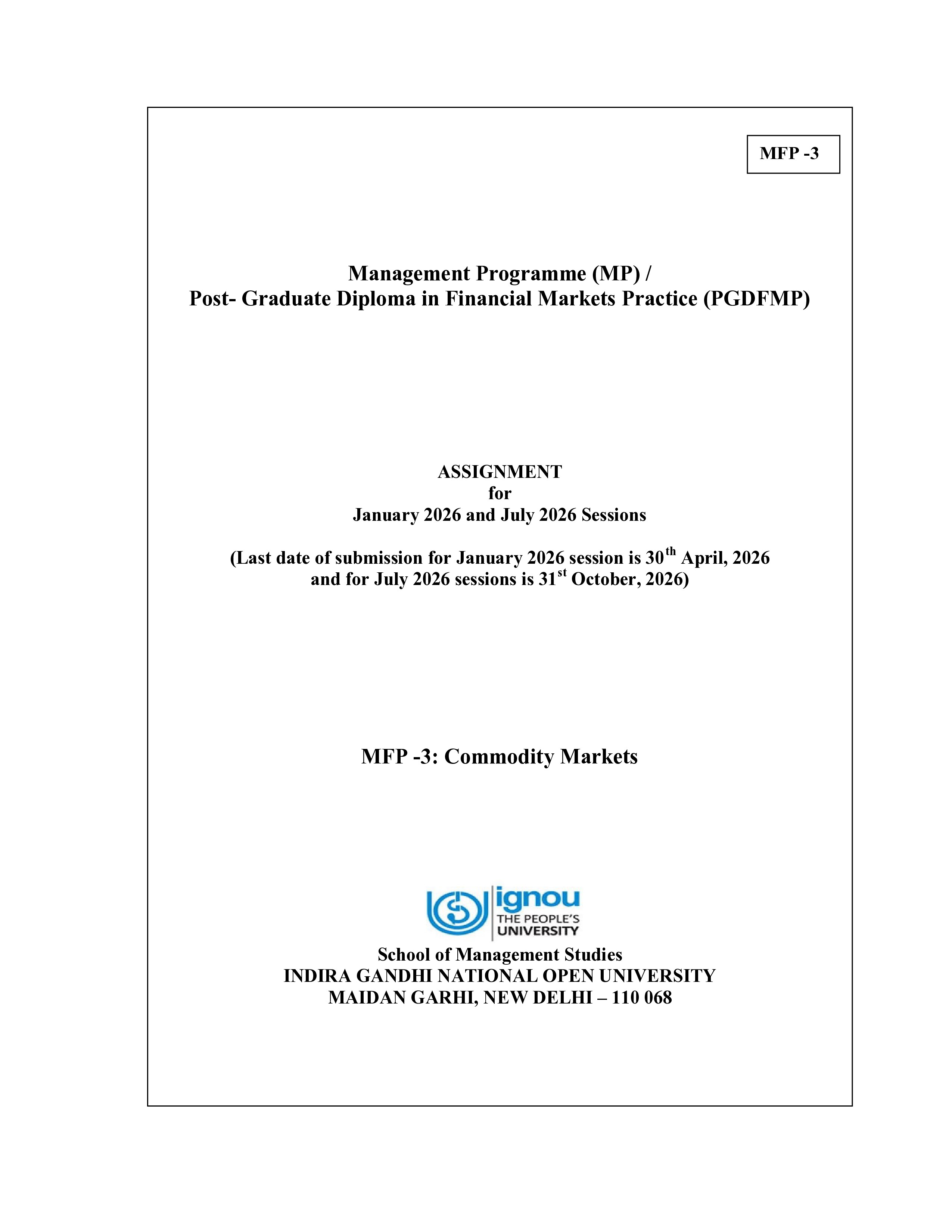 IGNOU MFP 003 Solved Assignment 2026-26 – Commodity Markets (English) | IGNOU Students Portal
