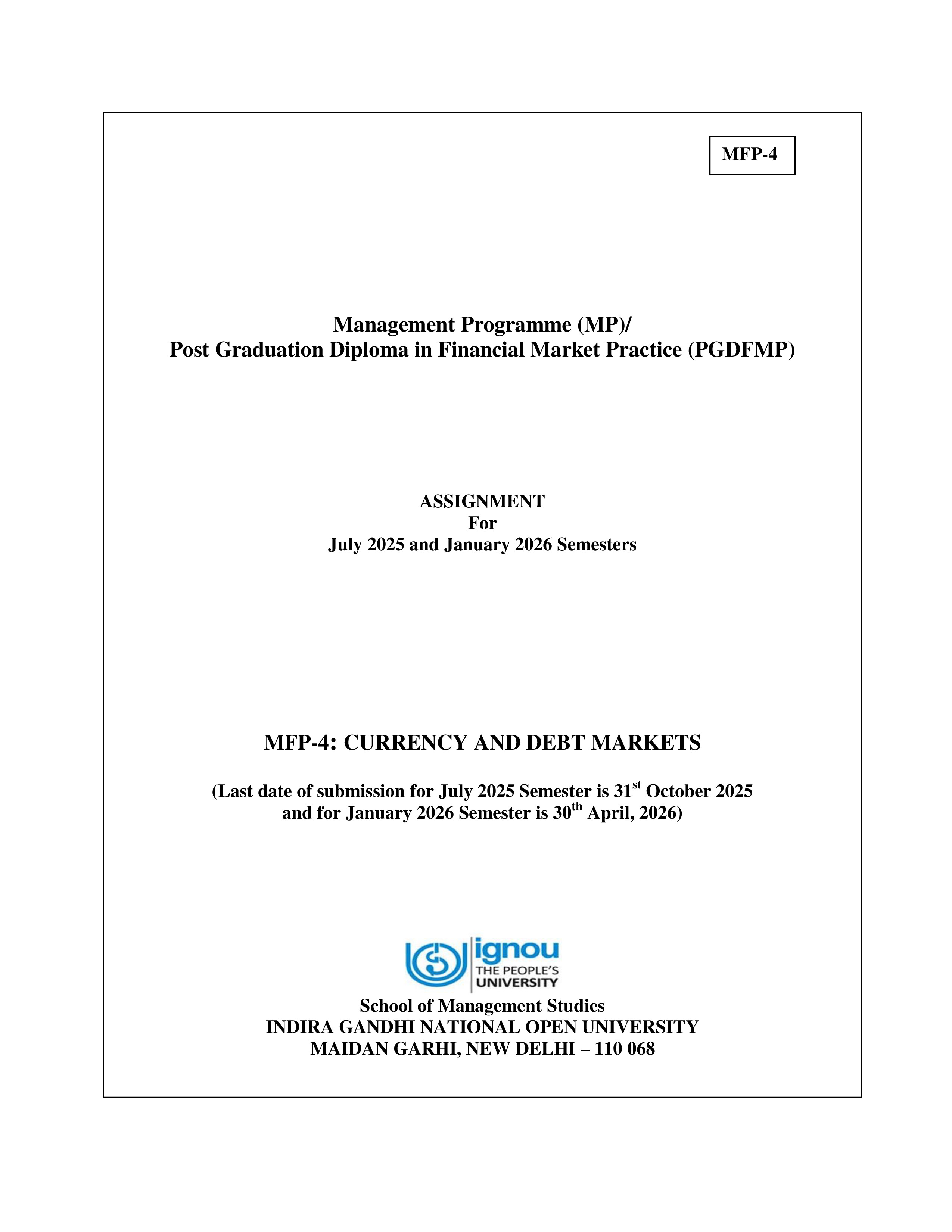 IGNOU MFP 004 Solved Assignment 2025-2026 – Currency and Debt Markets (English) | IGNOU Students Portal
