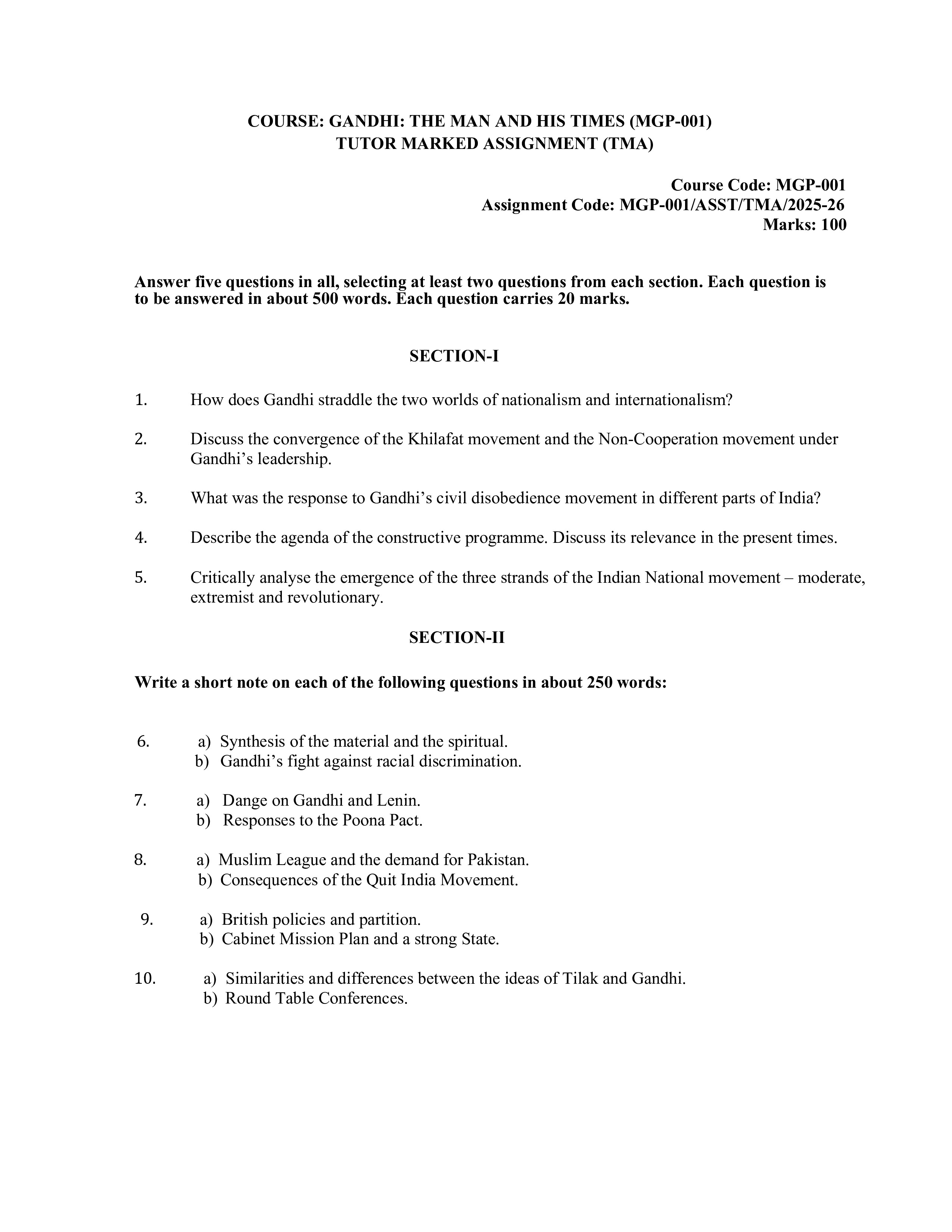 IGNOU MGP 001 Solved Assignment 2025-2026 – GandhiThe Man and His Times (English) | IGNOU Students Portal