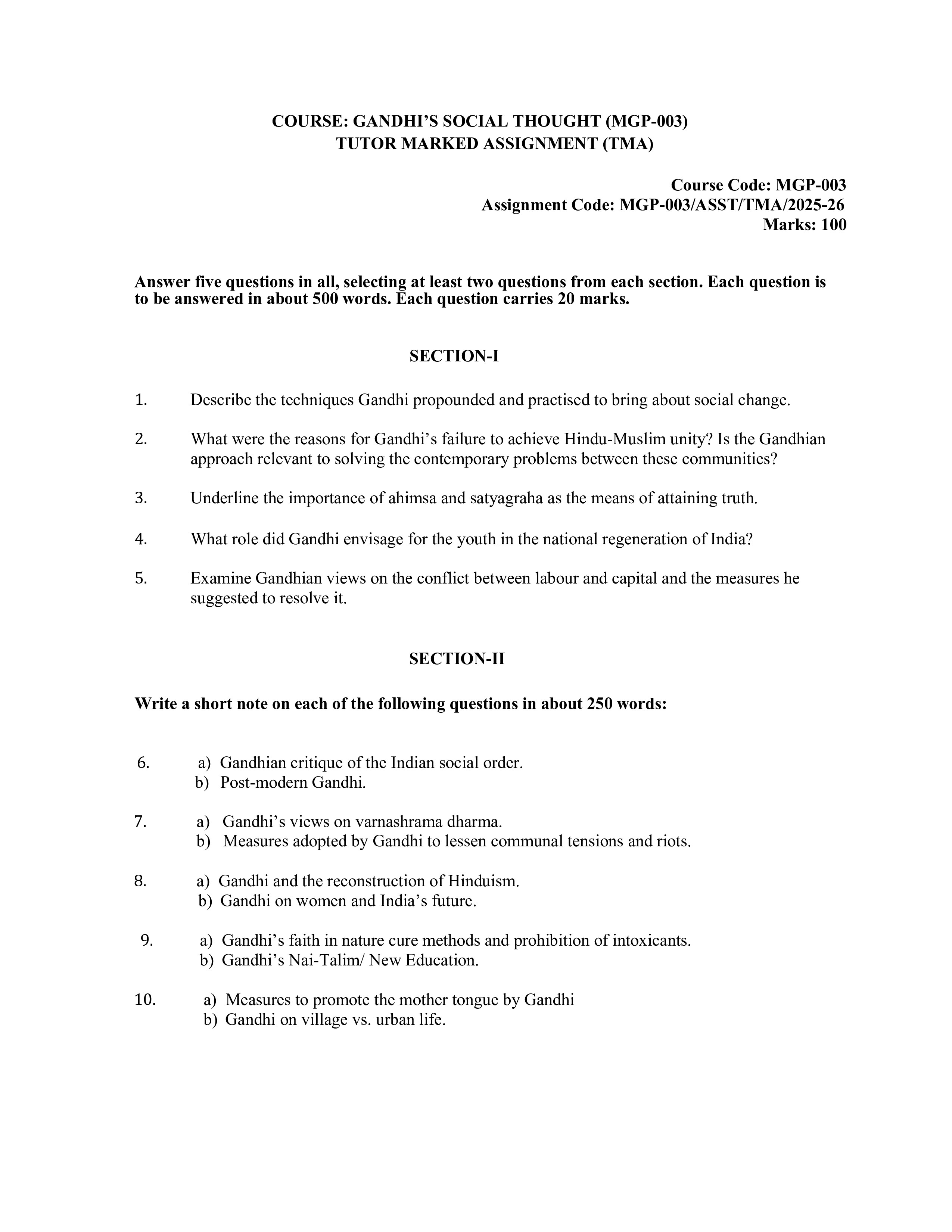 IGNOU MGP 003 Solved Assignment 2025-2026 – Gandhi's Social Thought (English) | IGNOU Students Portal