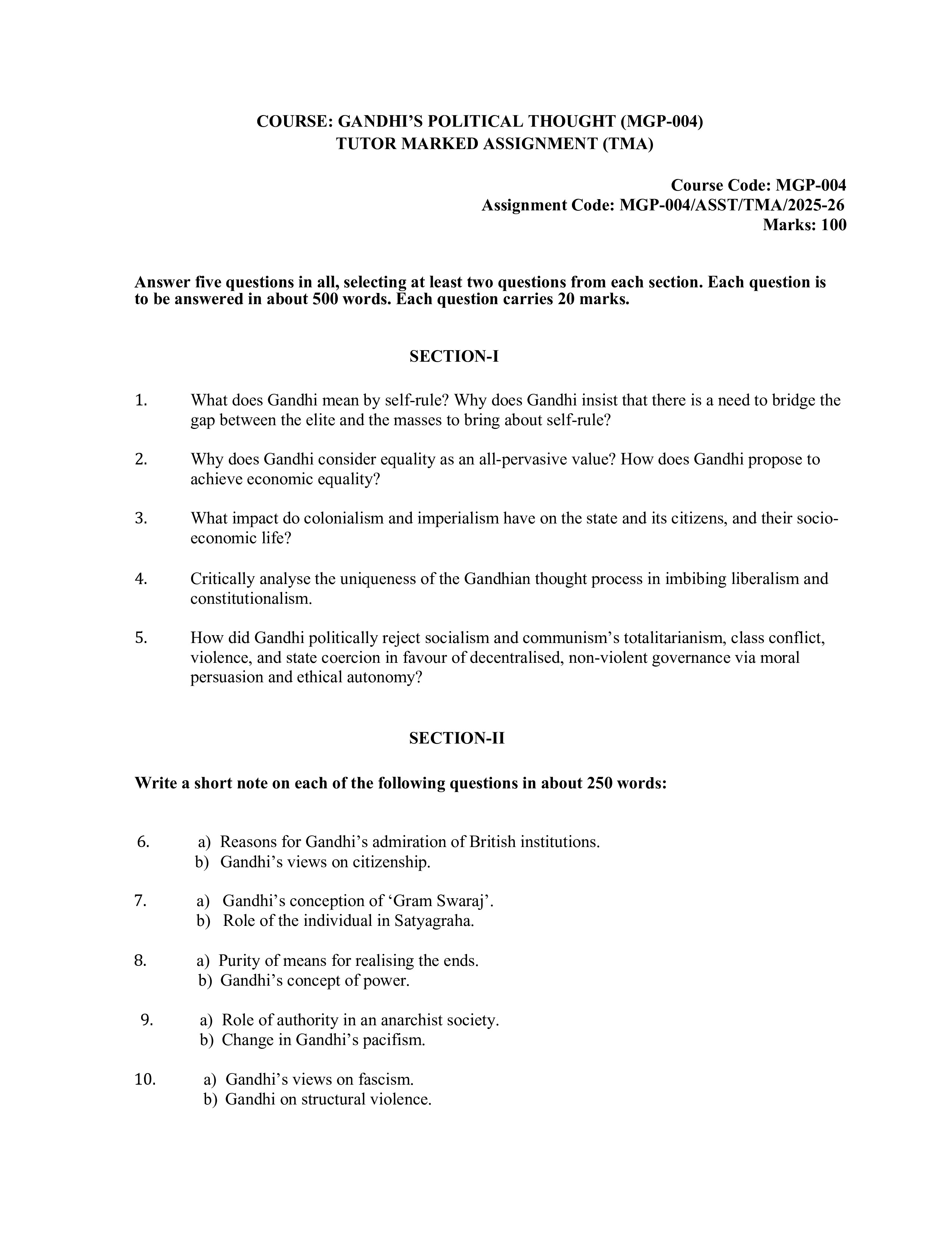 IGNOU MGP 004 Solved Assignment 2025-2026 – Gandhi's Political Thought (English) | IGNOU Students Portal