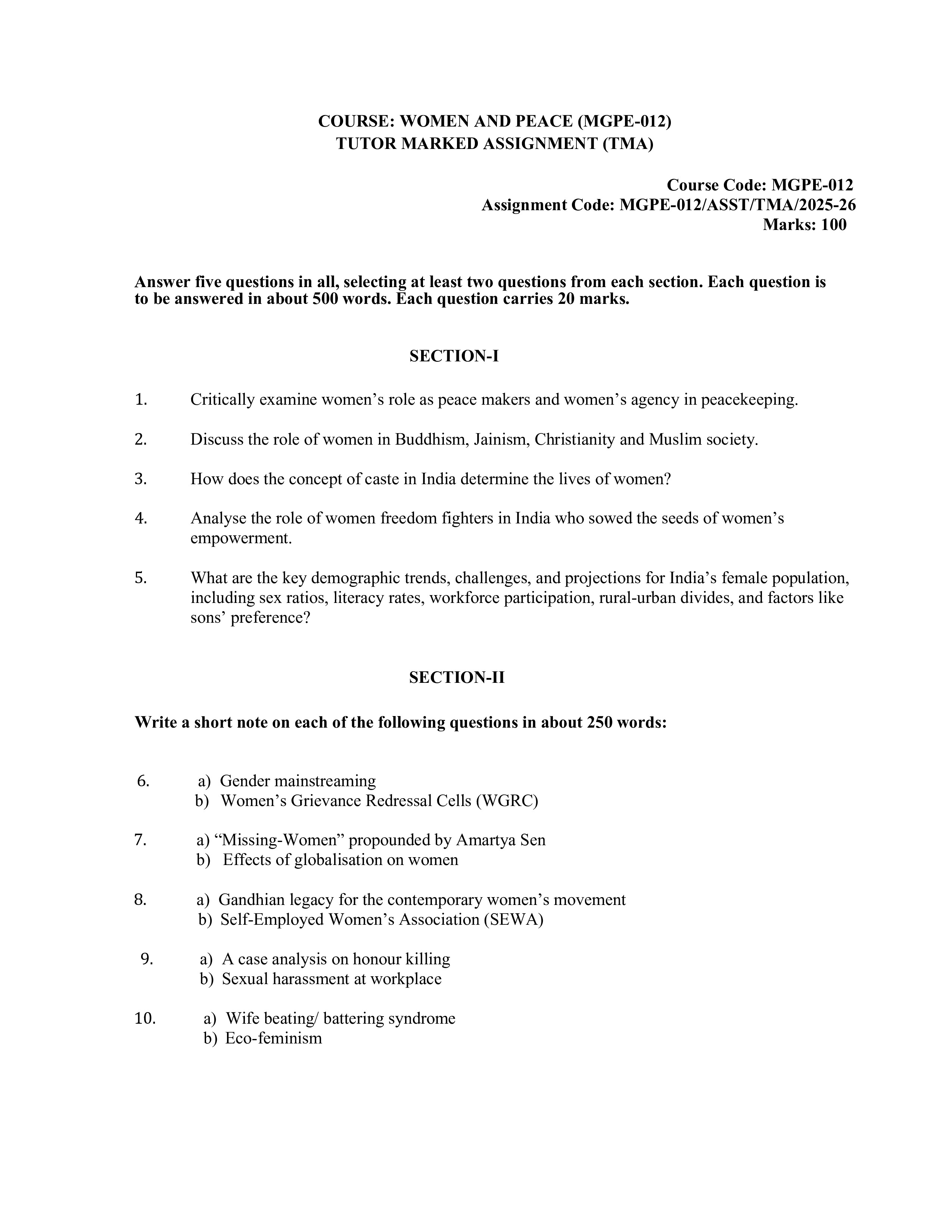 IGNOU MGPE 012 Solved Assignment 2025-2026 – Women and Peace (English) | IGNOU Students Portal