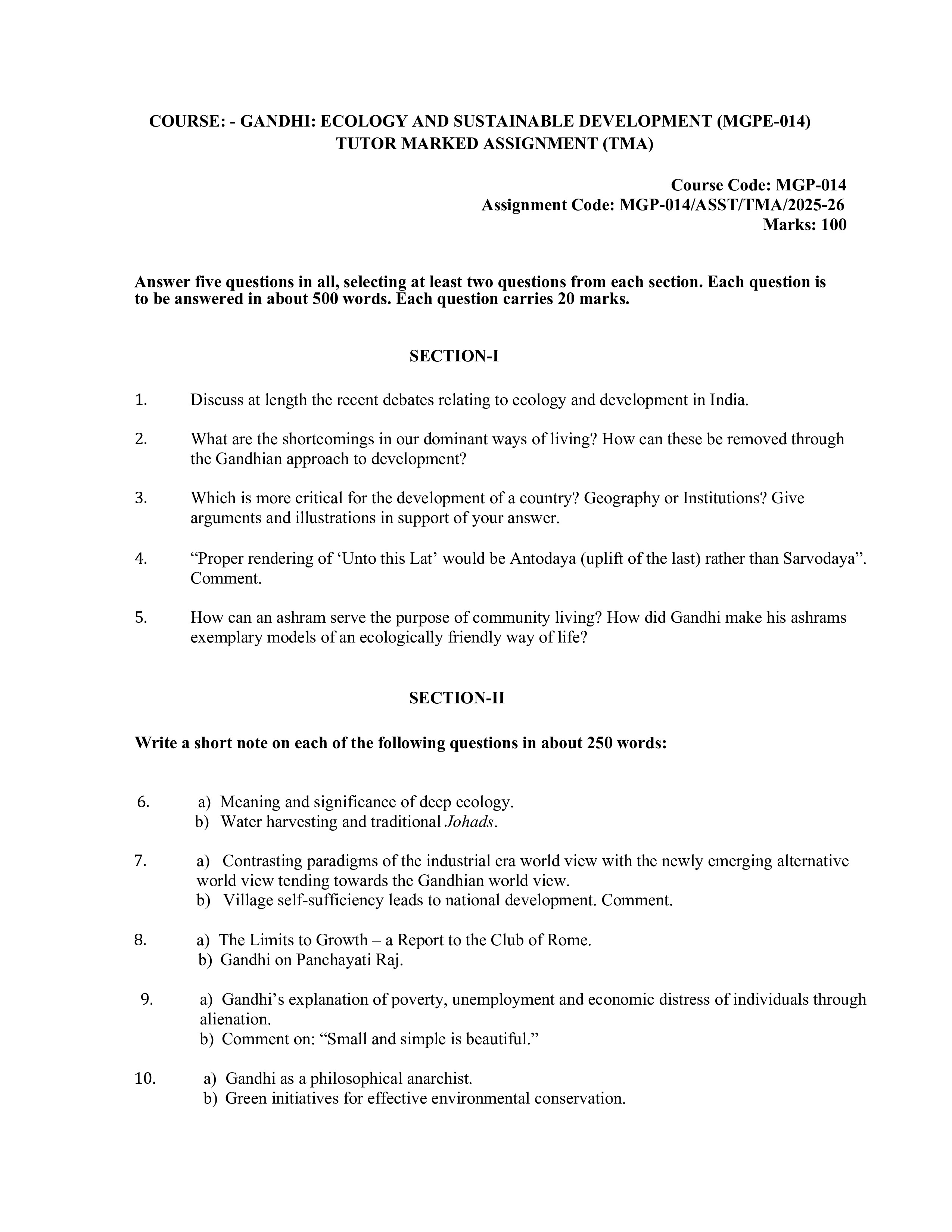 IGNOU MGPE 014 Solved Assignment 2025-2026 – GandhiEcology and Sustainable Development (English) | IGNOU Students Portal