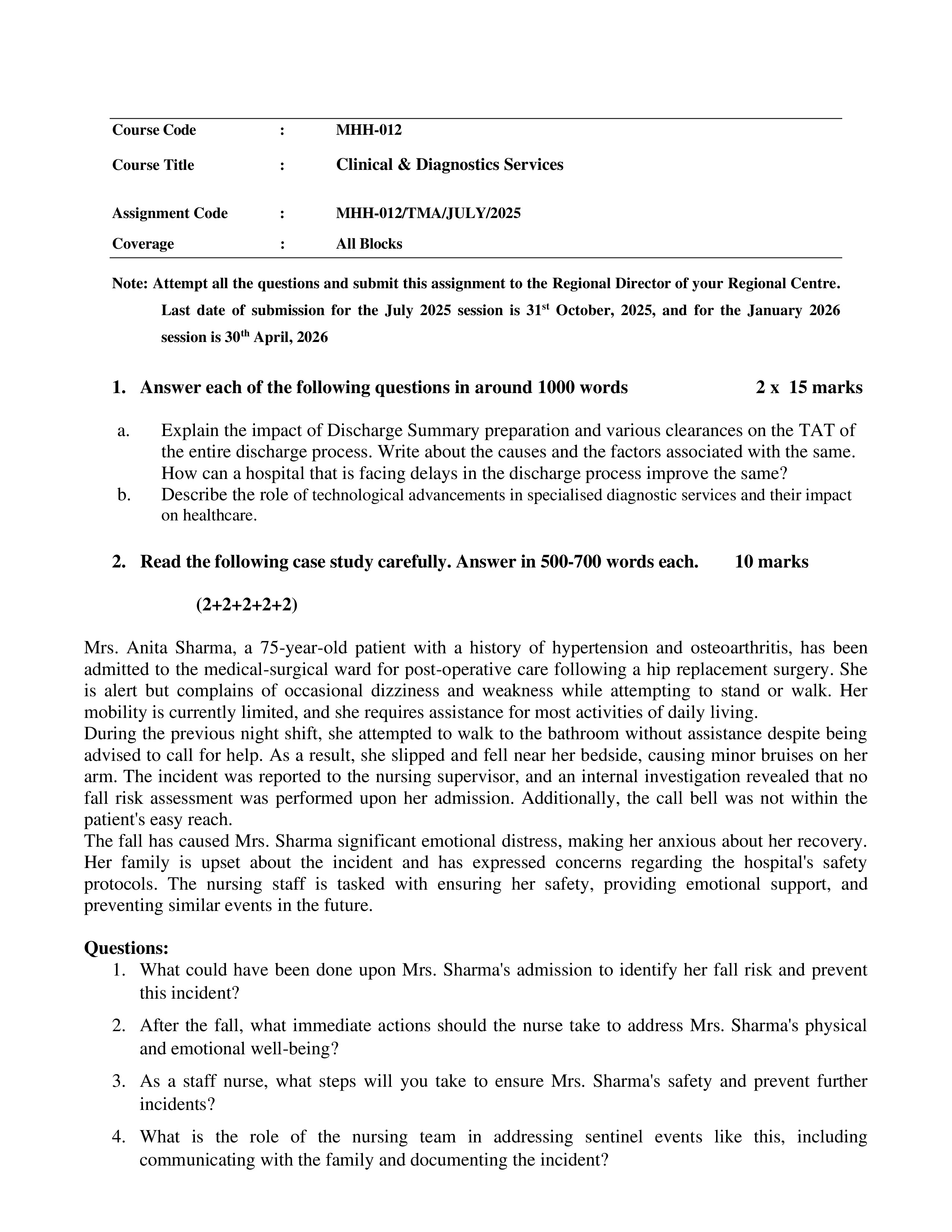 IGNOU MHH 012 Solved Assignment 2025-2026 – Clinical and Diagnostic Services (English) | IGNOU Students Portal