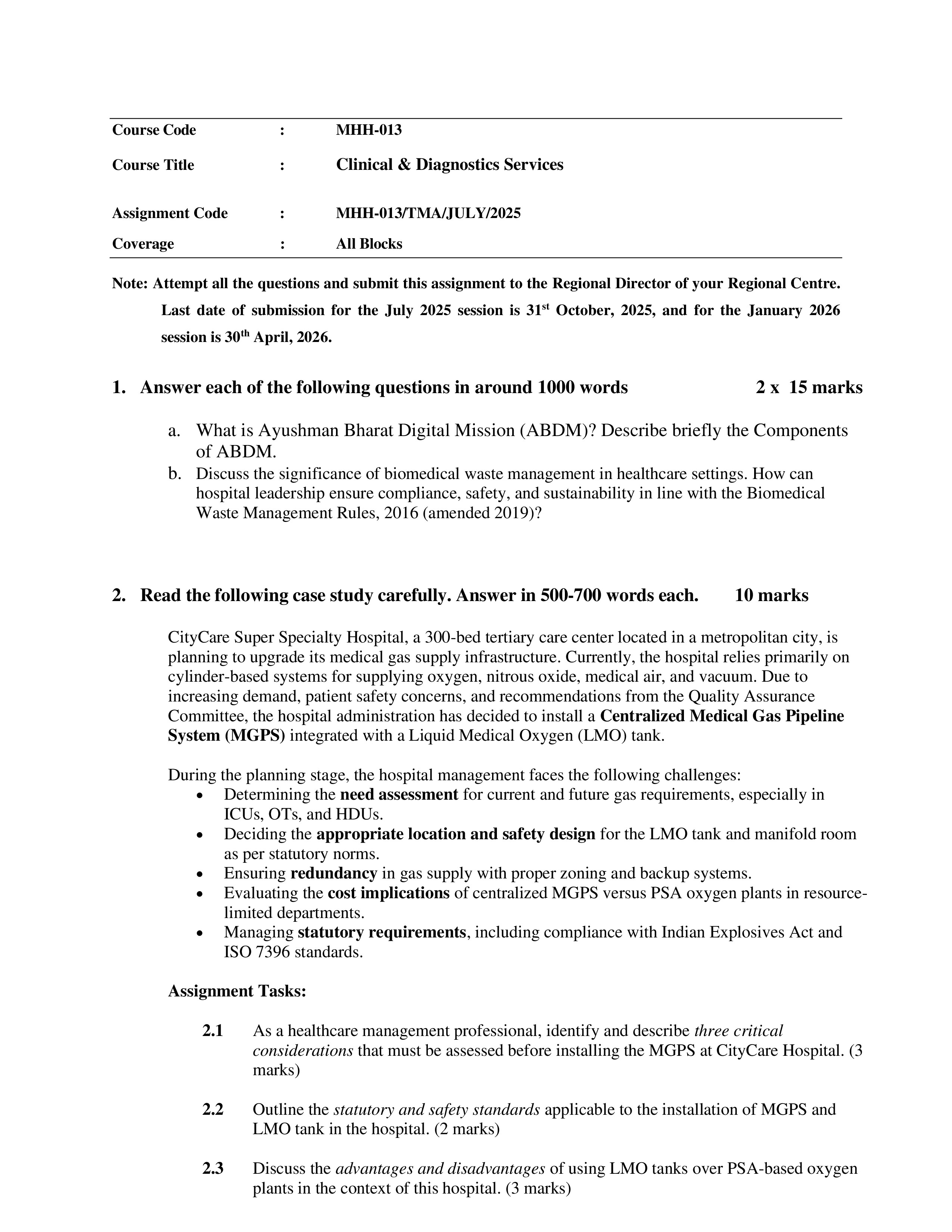 IGNOU MHH 013 Solved Assignment 2025-2026 – Support and Utility Services Vol-1 (English) | IGNOU Students Portal