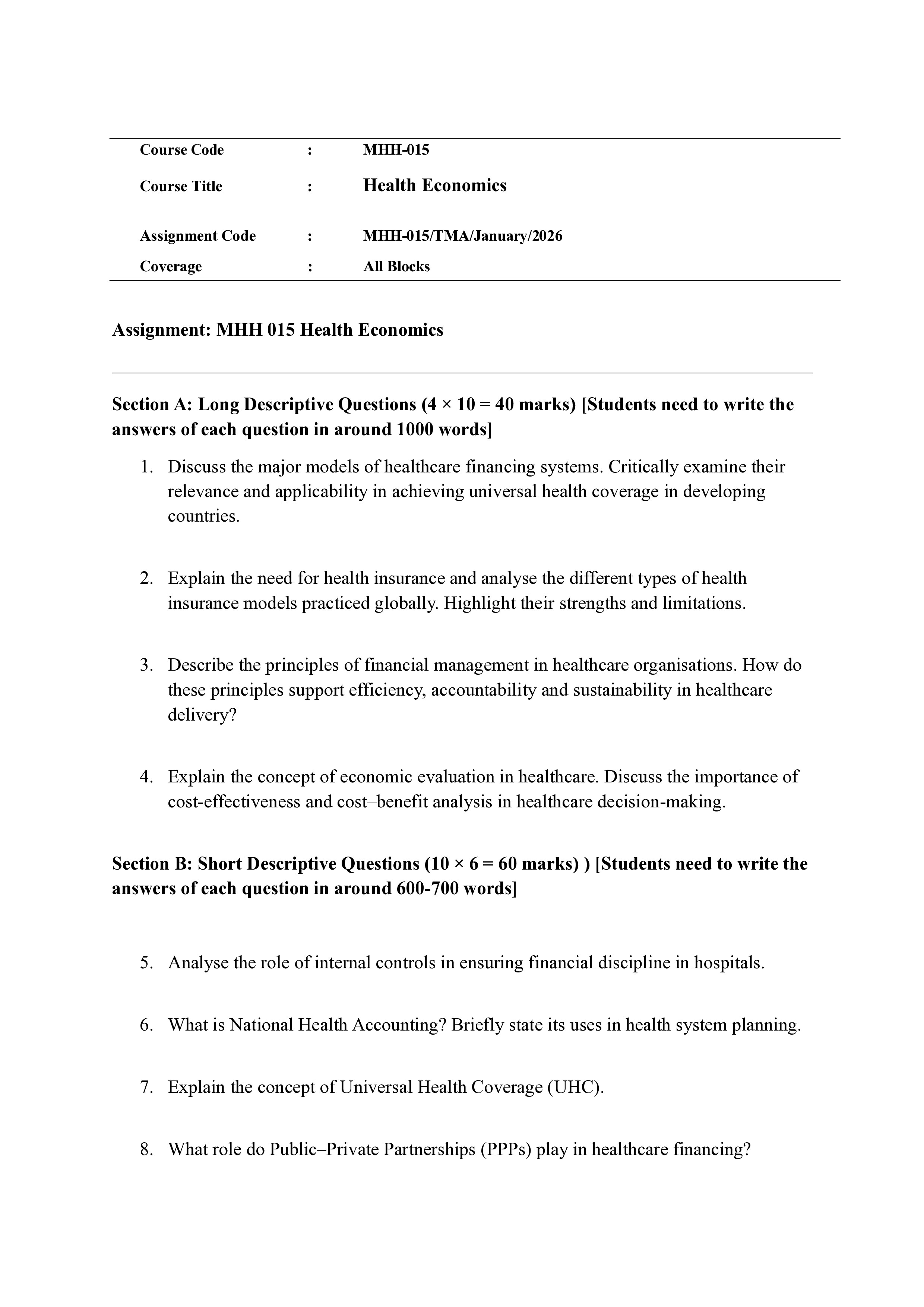 IGNOU MHH 015 Solved Assignment 2026-26 – Health Economics (English) | IGNOU Students Portal