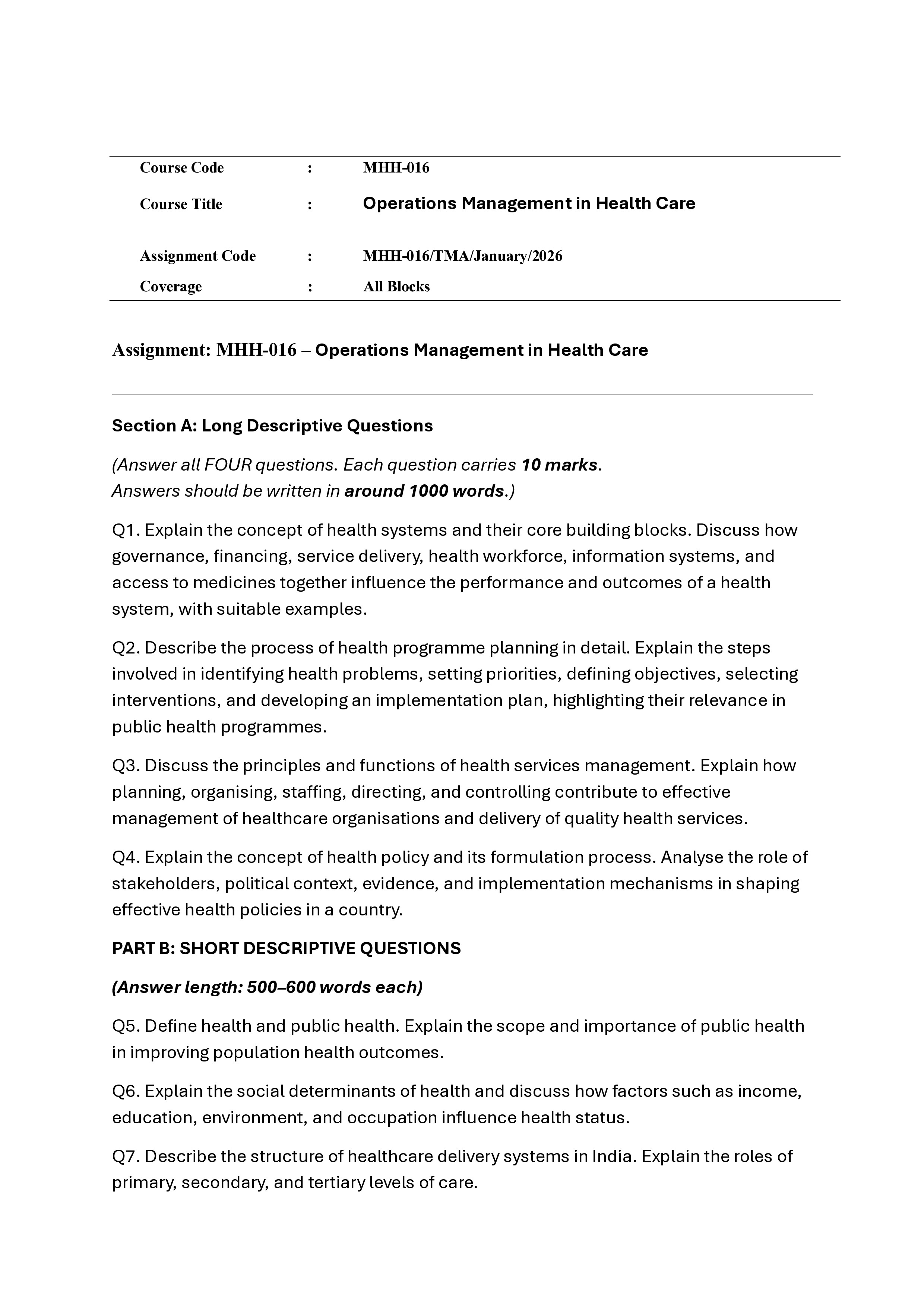 IGNOU MHH 016 Solved Assignment 2026-26 – Operations Management in Health Care (English) | IGNOU Students Portal
