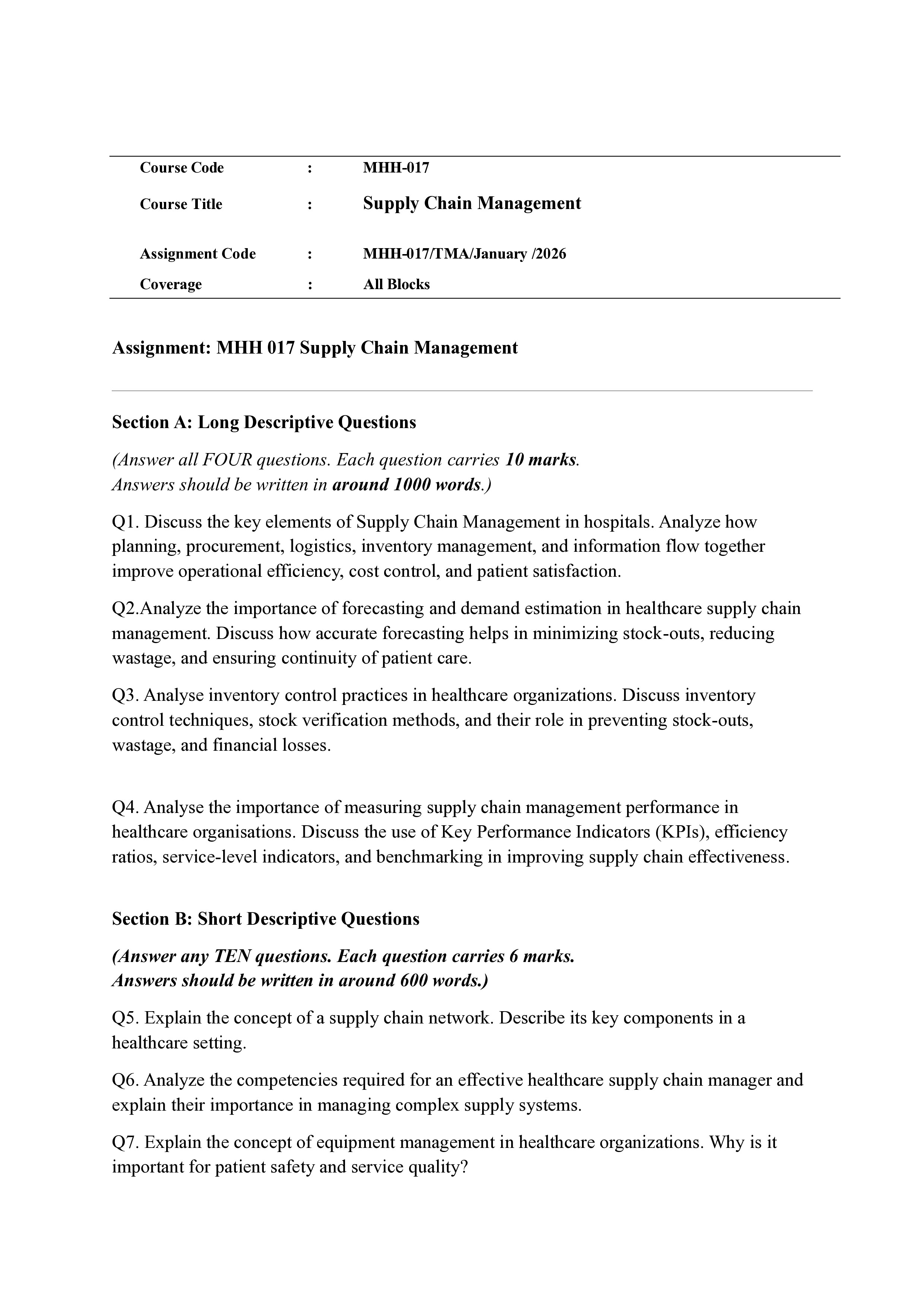 IGNOU MHH 017 Solved Assignment 2026-26 – Supply Chain Management (English) | IGNOU Students Portal