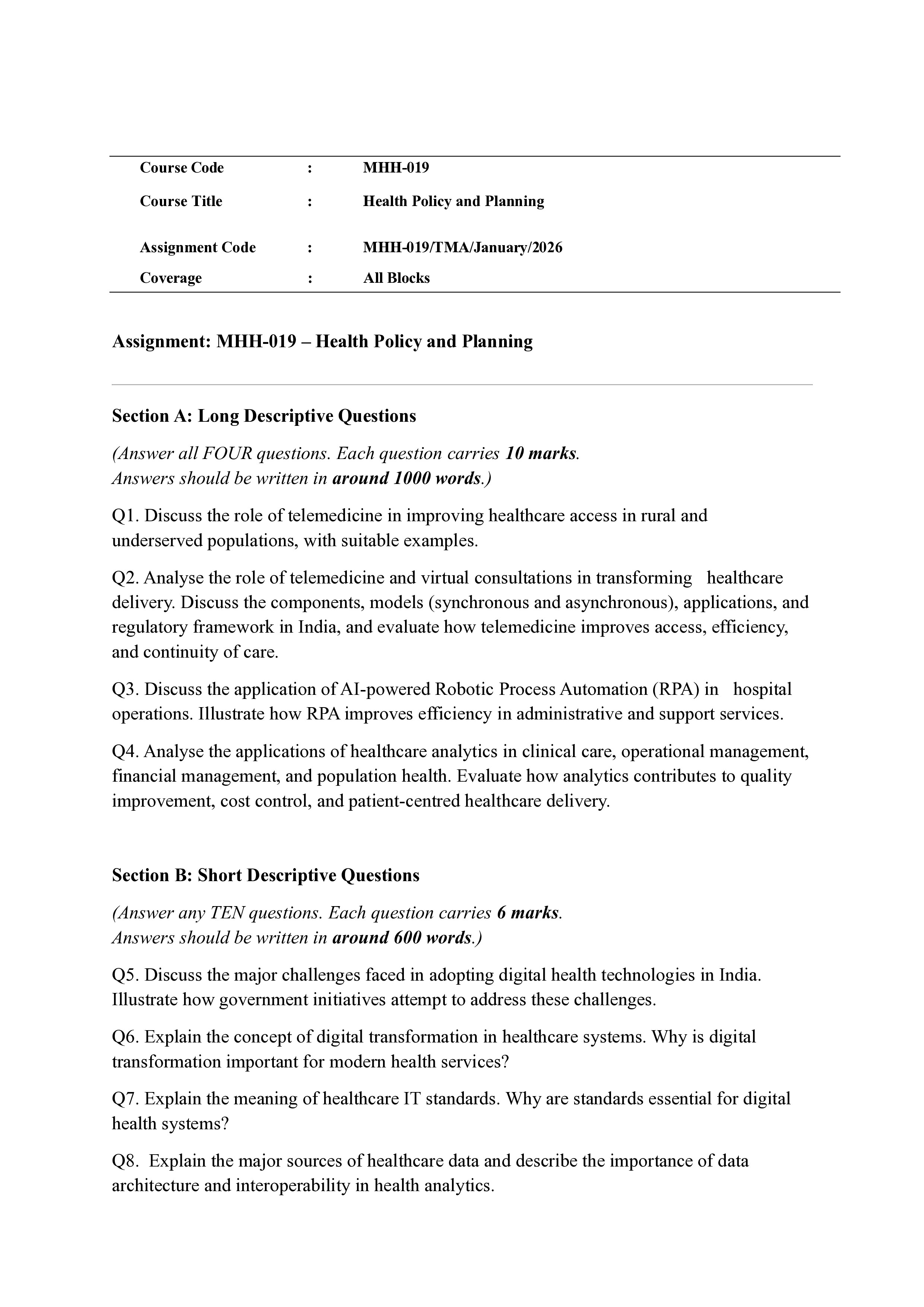 IGNOU MHH 019 Solved Assignment 2026-26 – Emerging Issues in Health Care Management (English) | IGNOU Students Portal