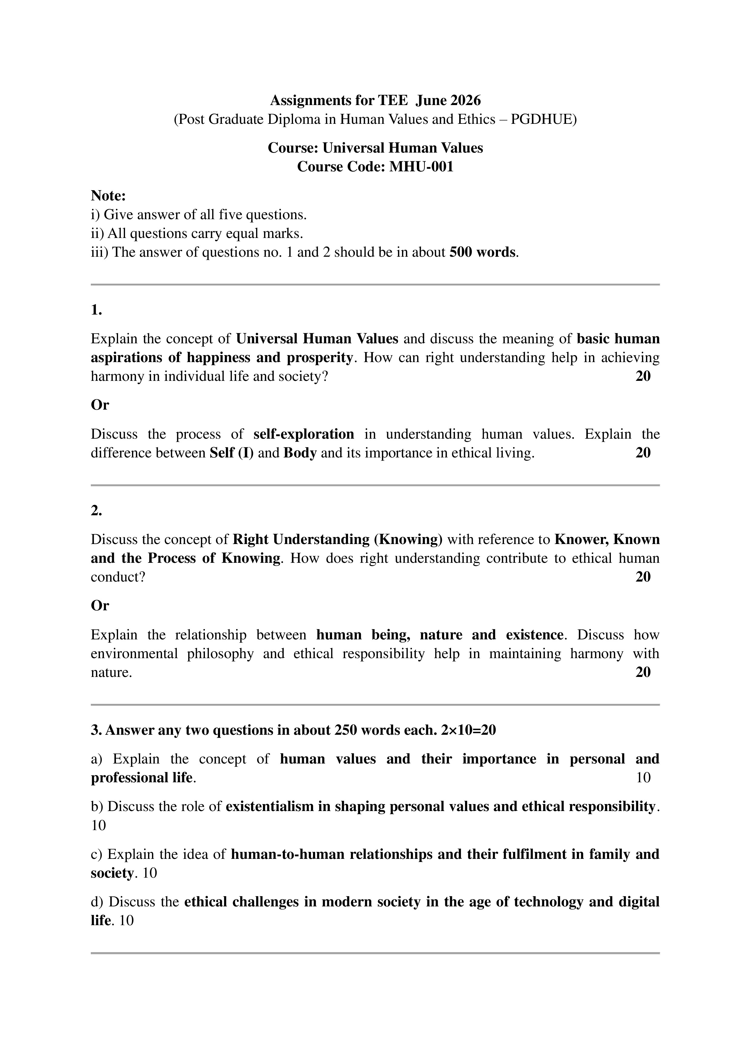 IGNOU MHU 001 Solved Assignment 2026-26 – Universal Human Values (English) | IGNOU Students Portal