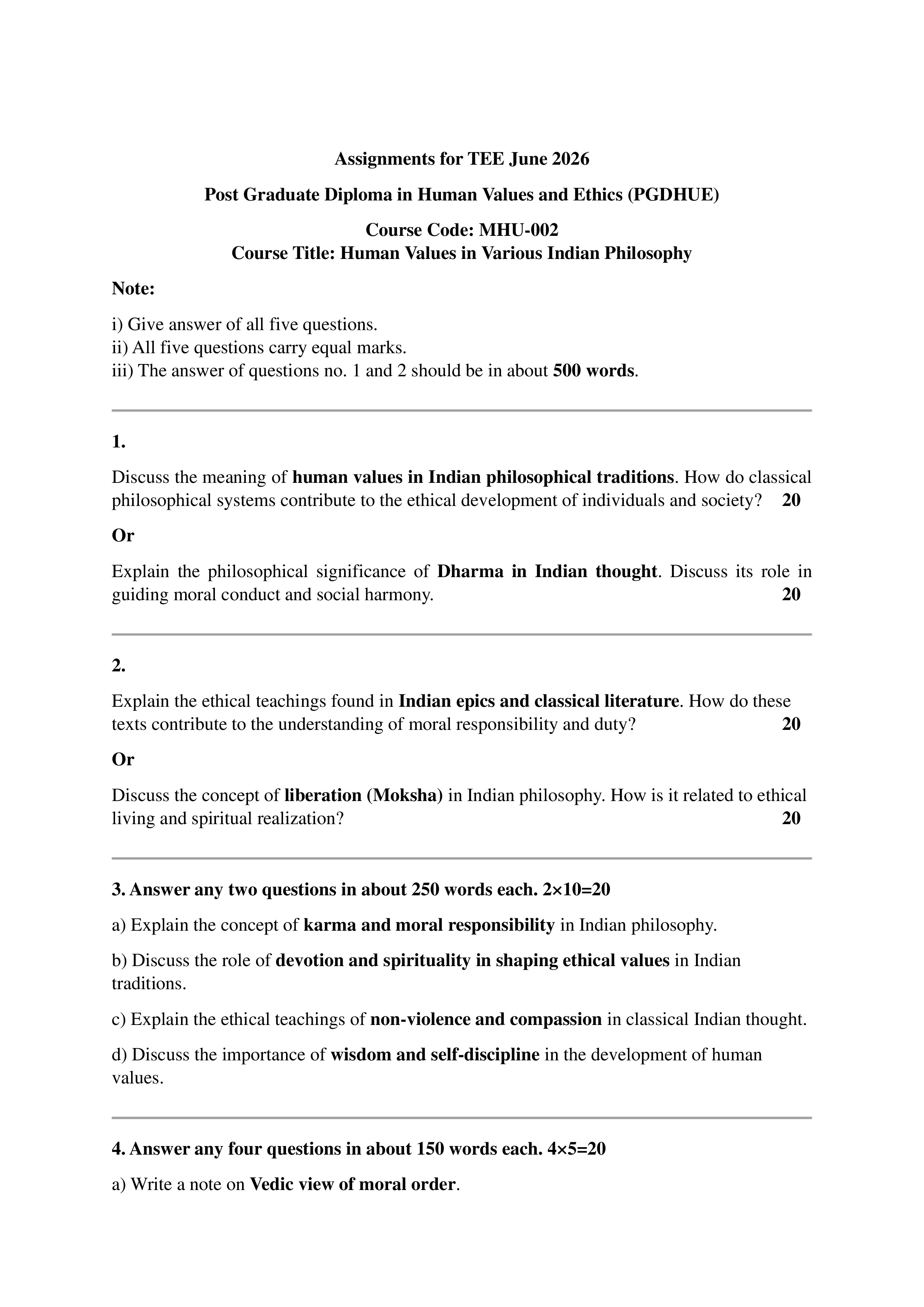 IGNOU MHU 002 Solved Assignment 2026-26 – Human Values in Various Indian Philosophy (English) | IGNOU Students Portal