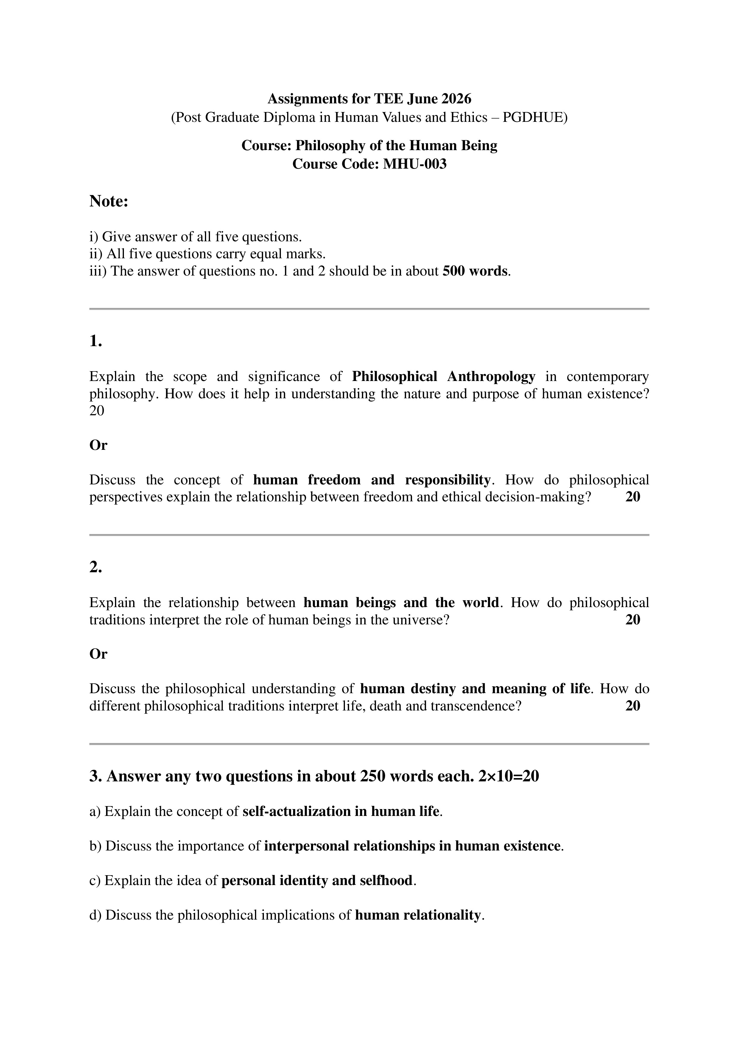 IGNOU MHU 003 Solved Assignment 2026-26 – Philosophy of Human Being (English) | IGNOU Students Portal