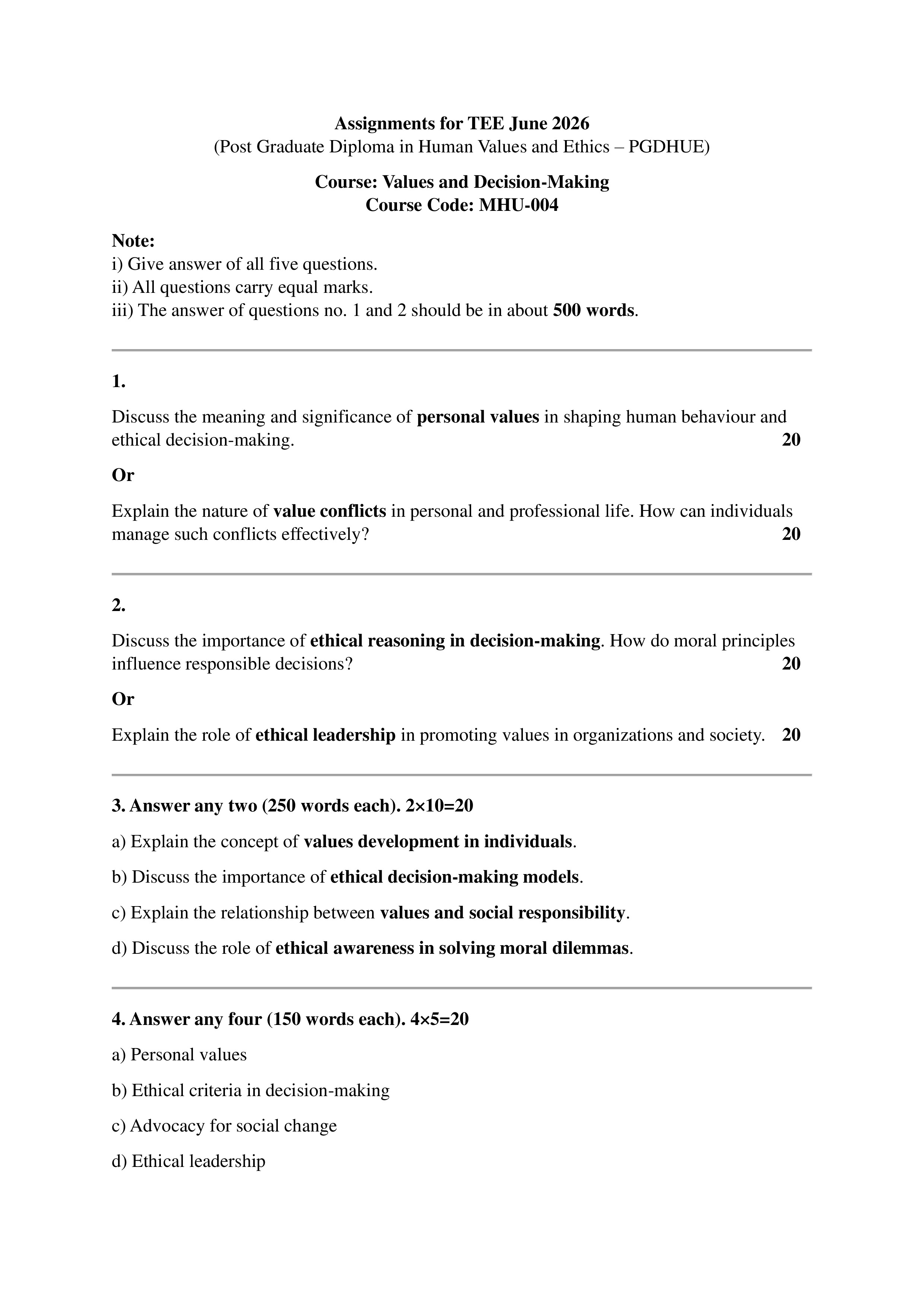 IGNOU MHU 004 Solved Assignment 2026-26 – Values and Decision-Making (English) | IGNOU Students Portal