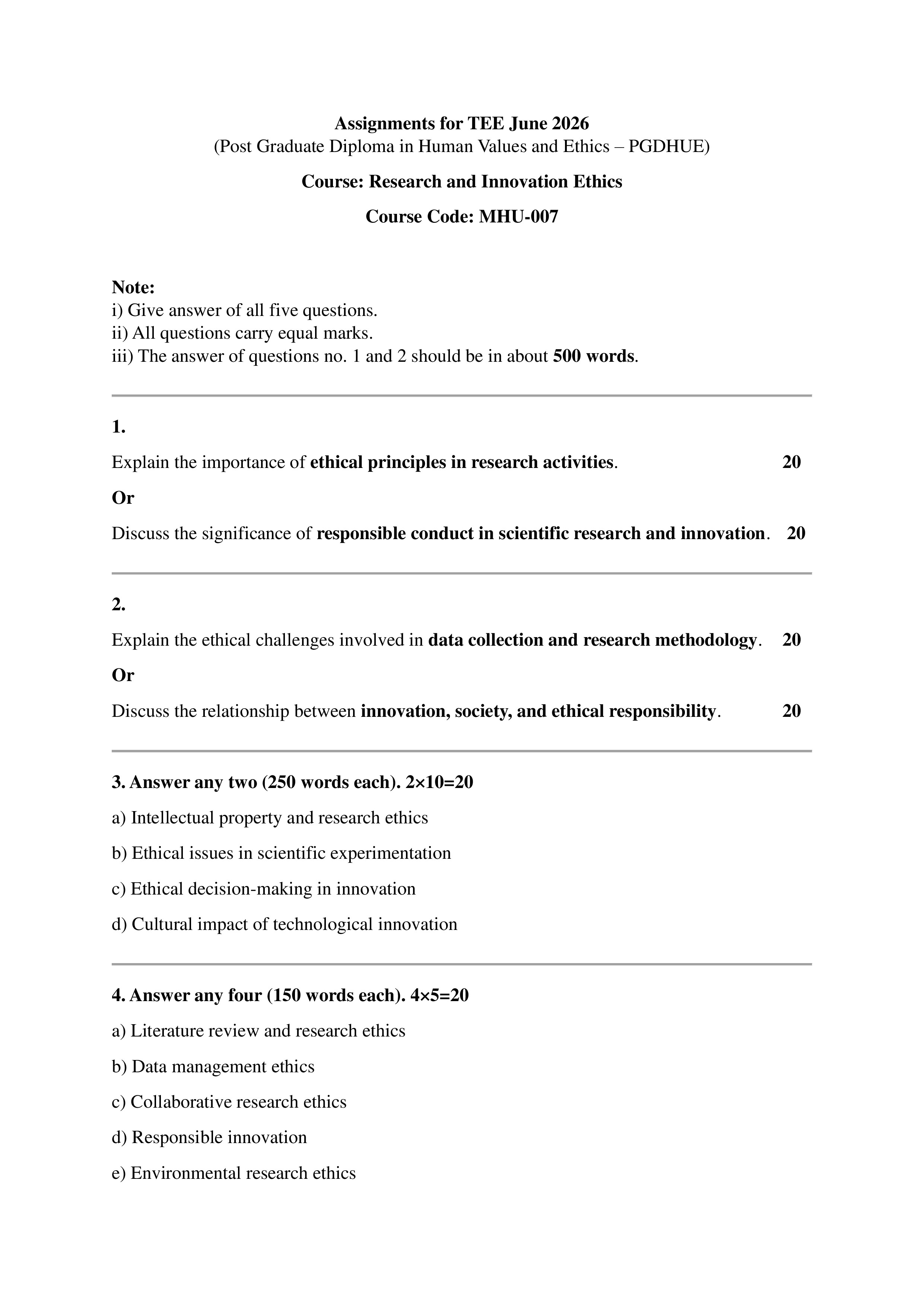 IGNOU MHU 007 Solved Assignment 2026-26 – Research and Innovation Ethics (English) | IGNOU Students Portal