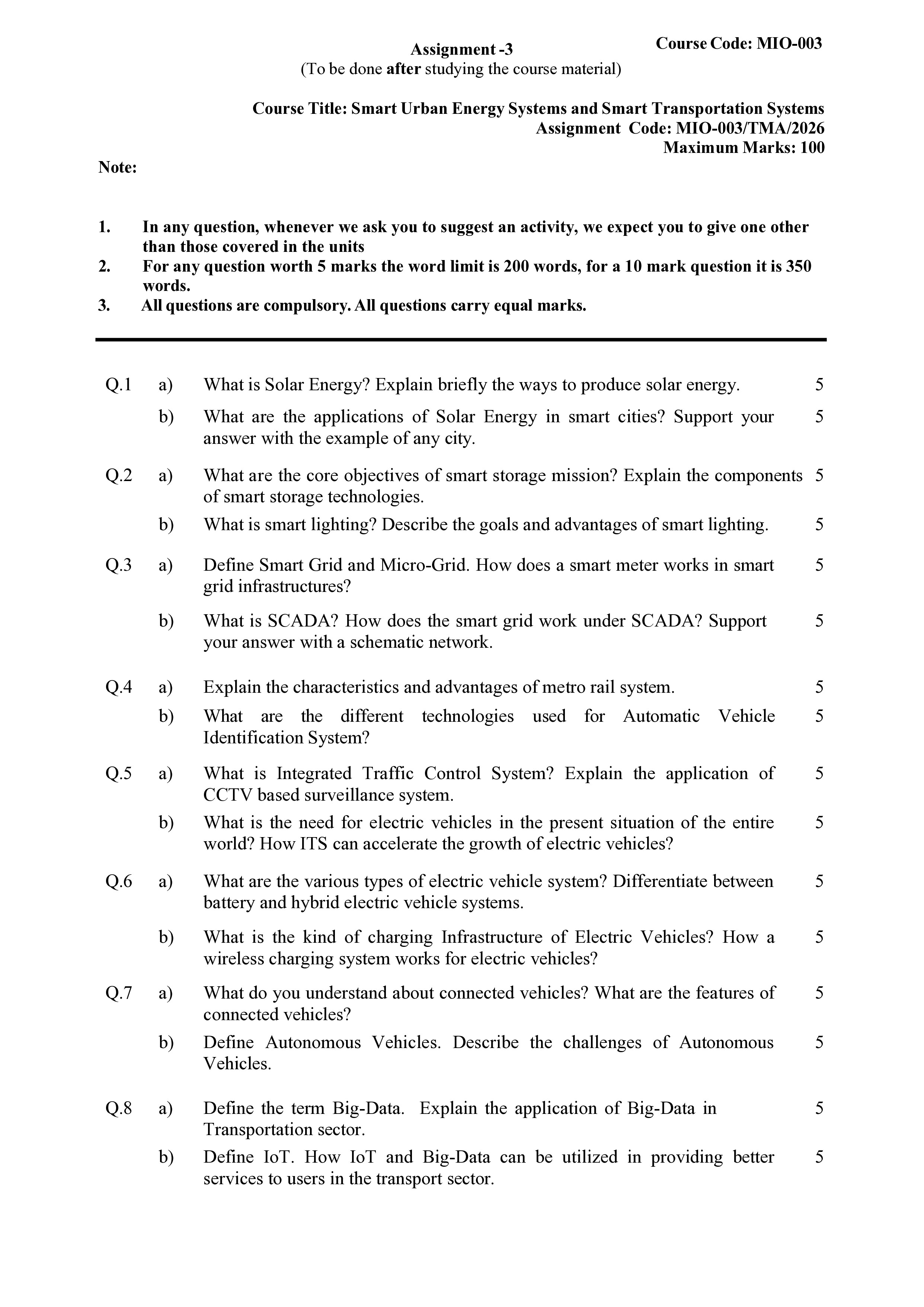 IGNOU MIO 003 Solved Assignment 2026-26 – Smart Urban Energy and Smart Transportation Systems (English) | IGNOU Students Portal