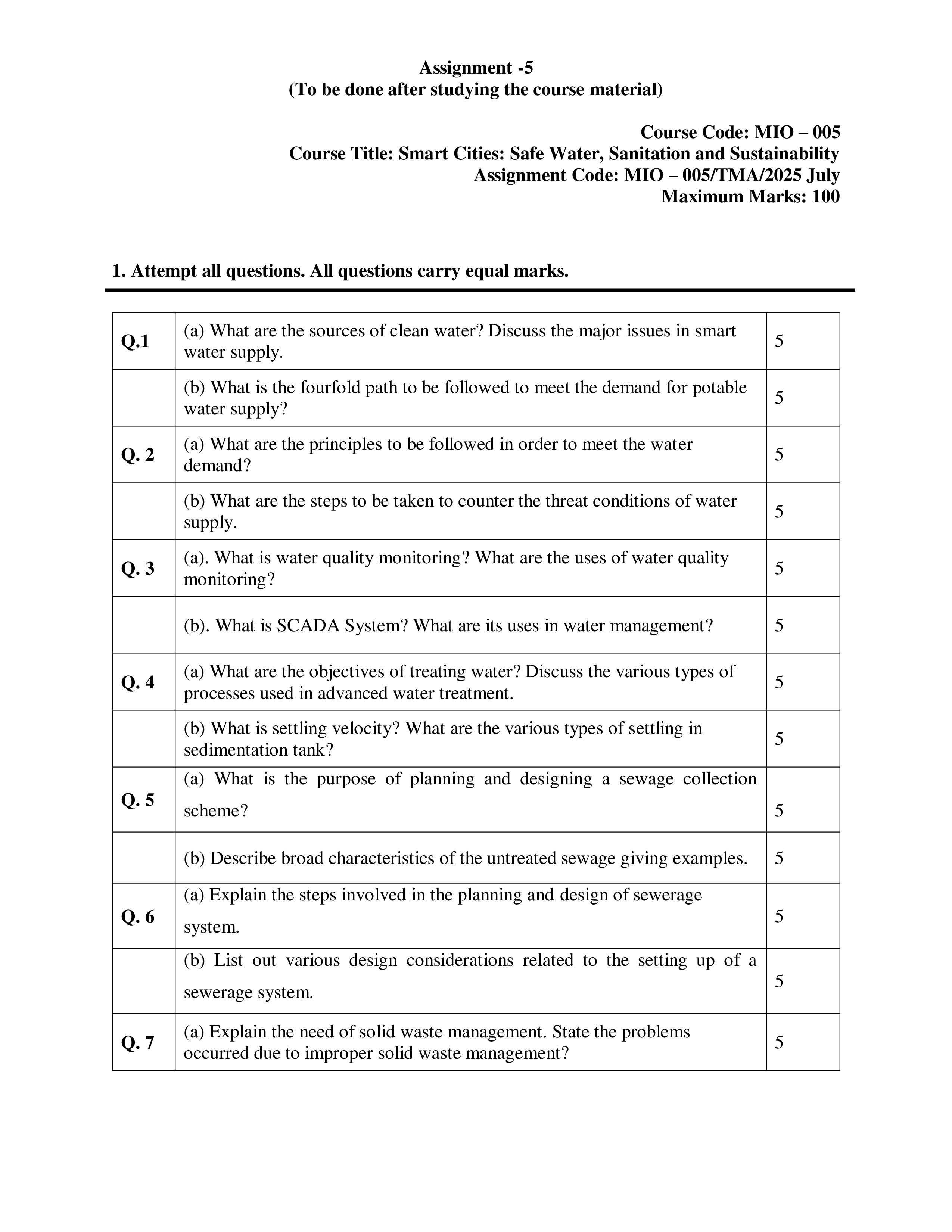 IGNOU MIO 005 Solved Assignment 2025-25 – Smart CitiesSafe Water, Sanitation and Sustainability (English) | IGNOU Students Portal