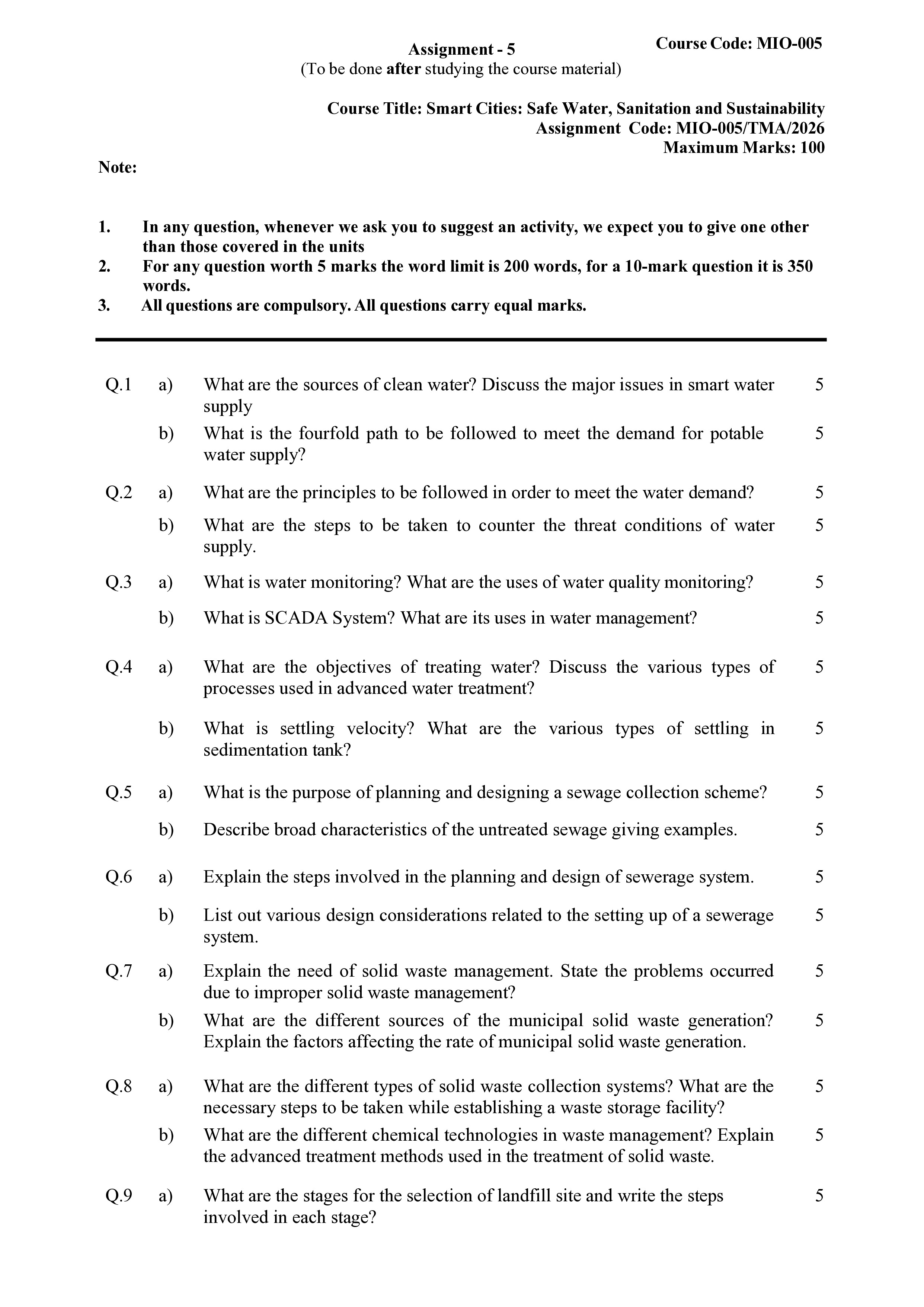 IGNOU MIO 005 Solved Assignment 2026-26 – Smart CitiesSafe Water, Sanitation and Sustainability (English) | IGNOU Students Portal