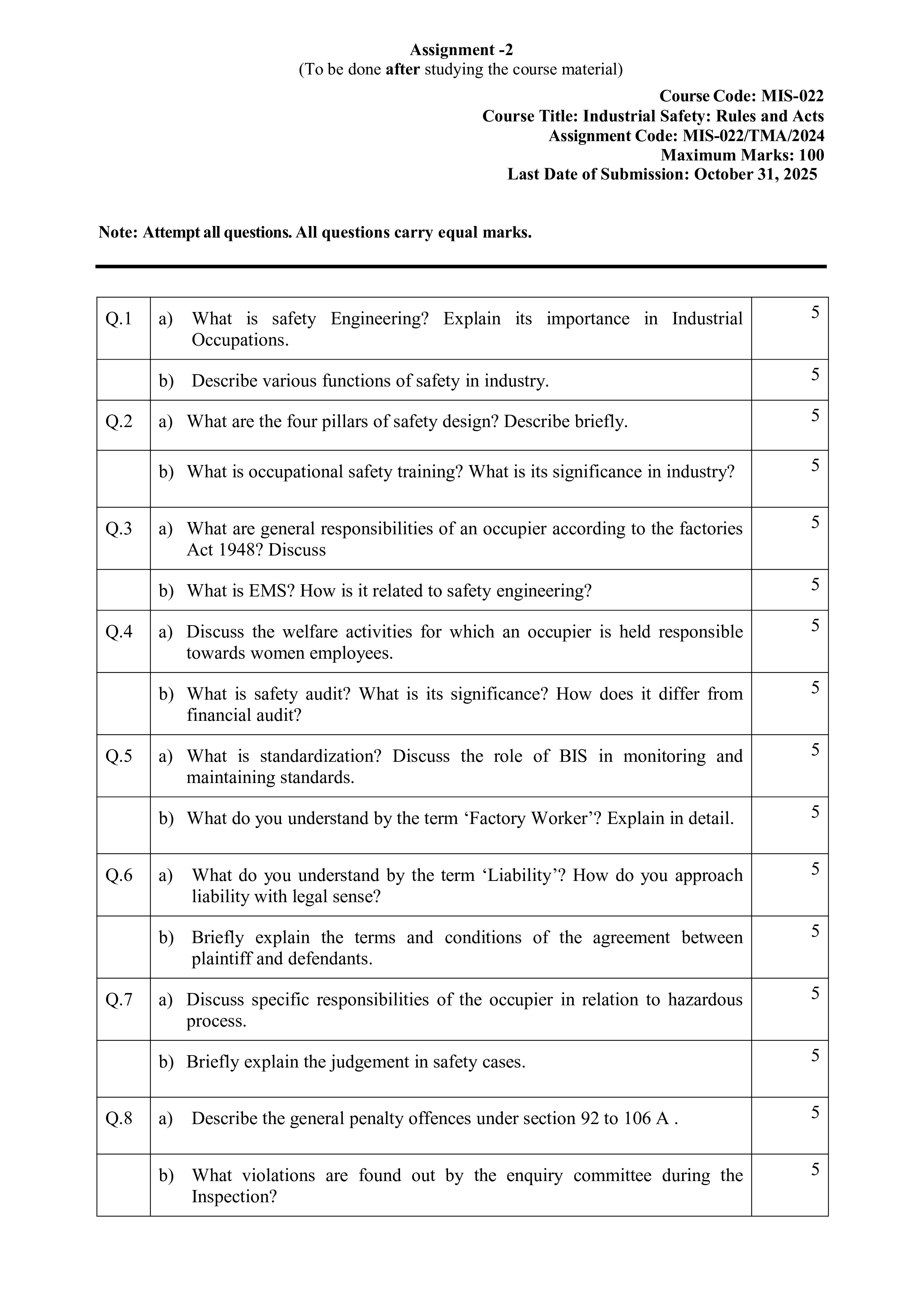 IGNOU MIS 022 Solved Assignment 2025-25 – Industrial SafetyRules and Acts (English) | IGNOU Students Portal
