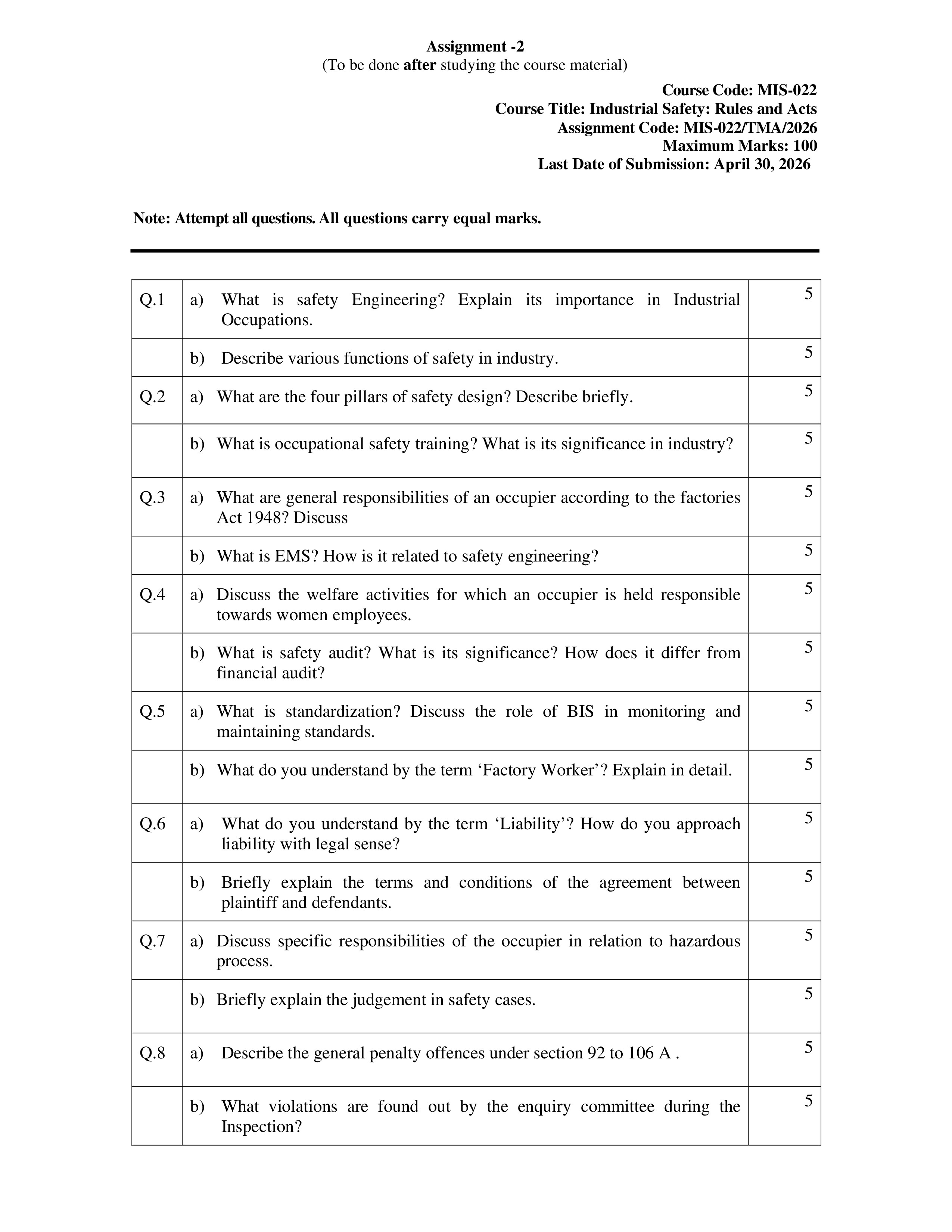 IGNOU MIS 022 Solved Assignment 2026-26 – Industrial SafetyRules and Acts (English) | IGNOU Students Portal