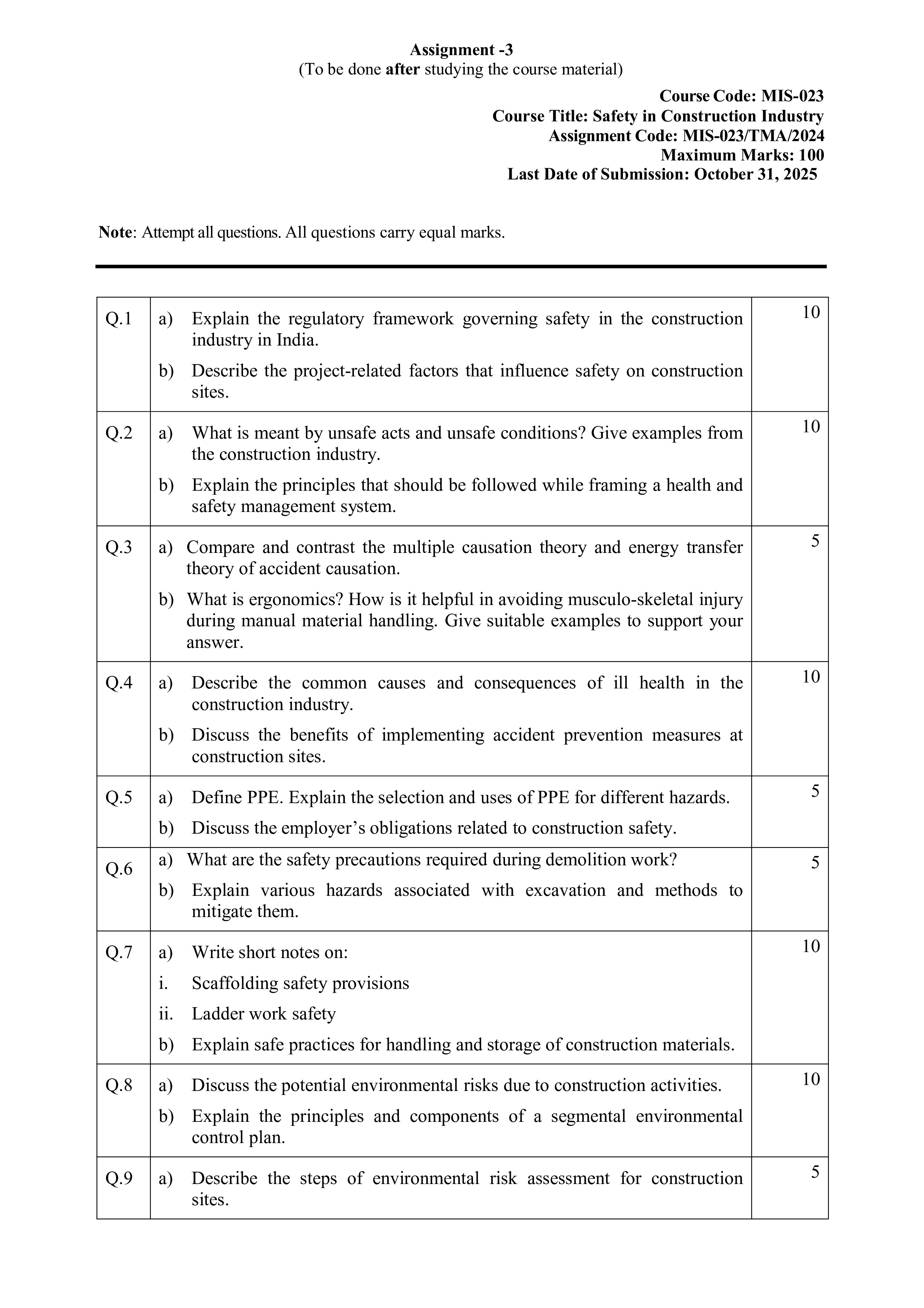 IGNOU MIS 023 Solved Assignment 2025-25 – Safety in Construction Industry (English) | IGNOU Students Portal