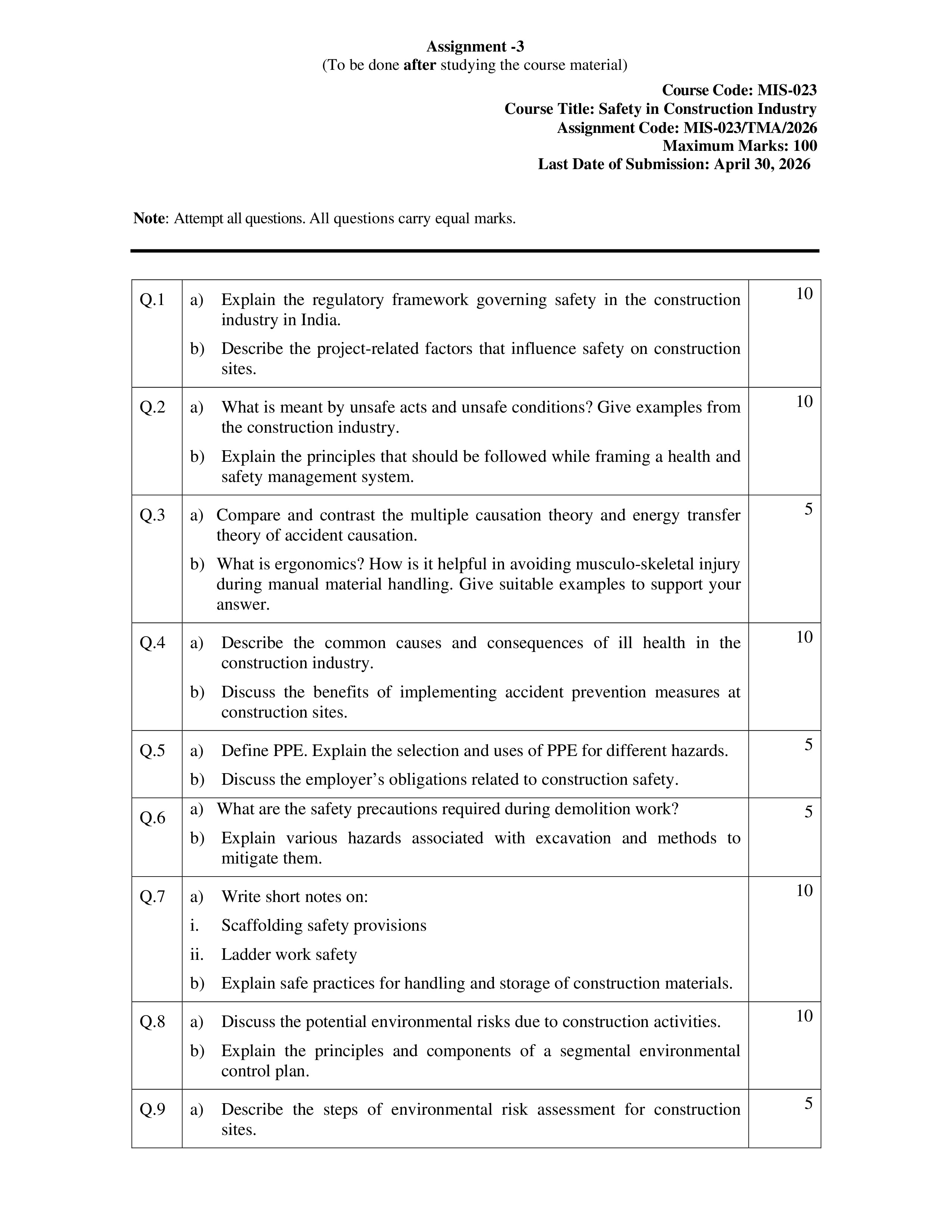 IGNOU MIS 023 Solved Assignment 2026-26 – Safety in Construction Industry (English) | IGNOU Students Portal