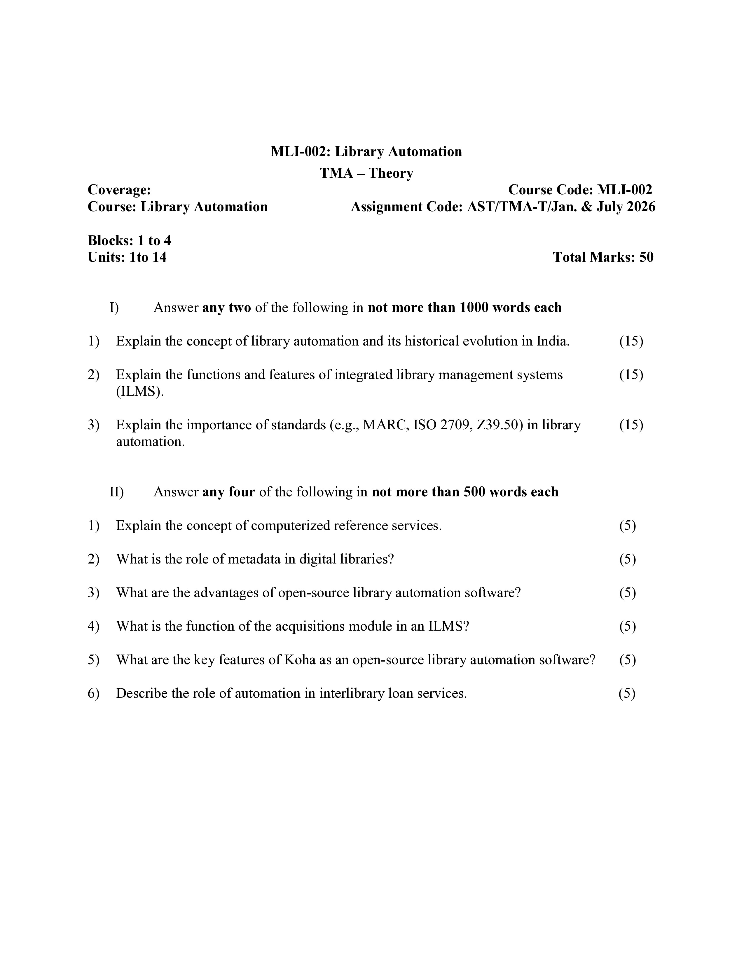 IGNOU MLI 002 Solved Assignment 2026-26 – Library Automation (English) | IGNOU Students Portal