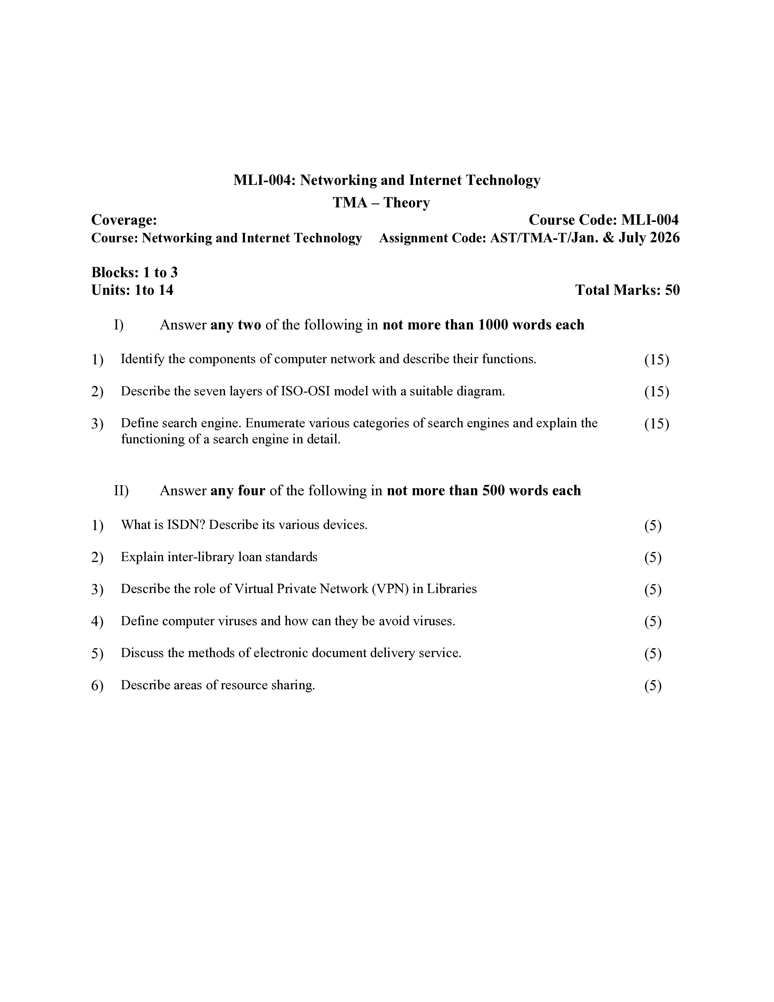 IGNOU MLI 004 Solved Assignment 2026-26 – Networking and Internet Technology (English) | IGNOU Students Portal