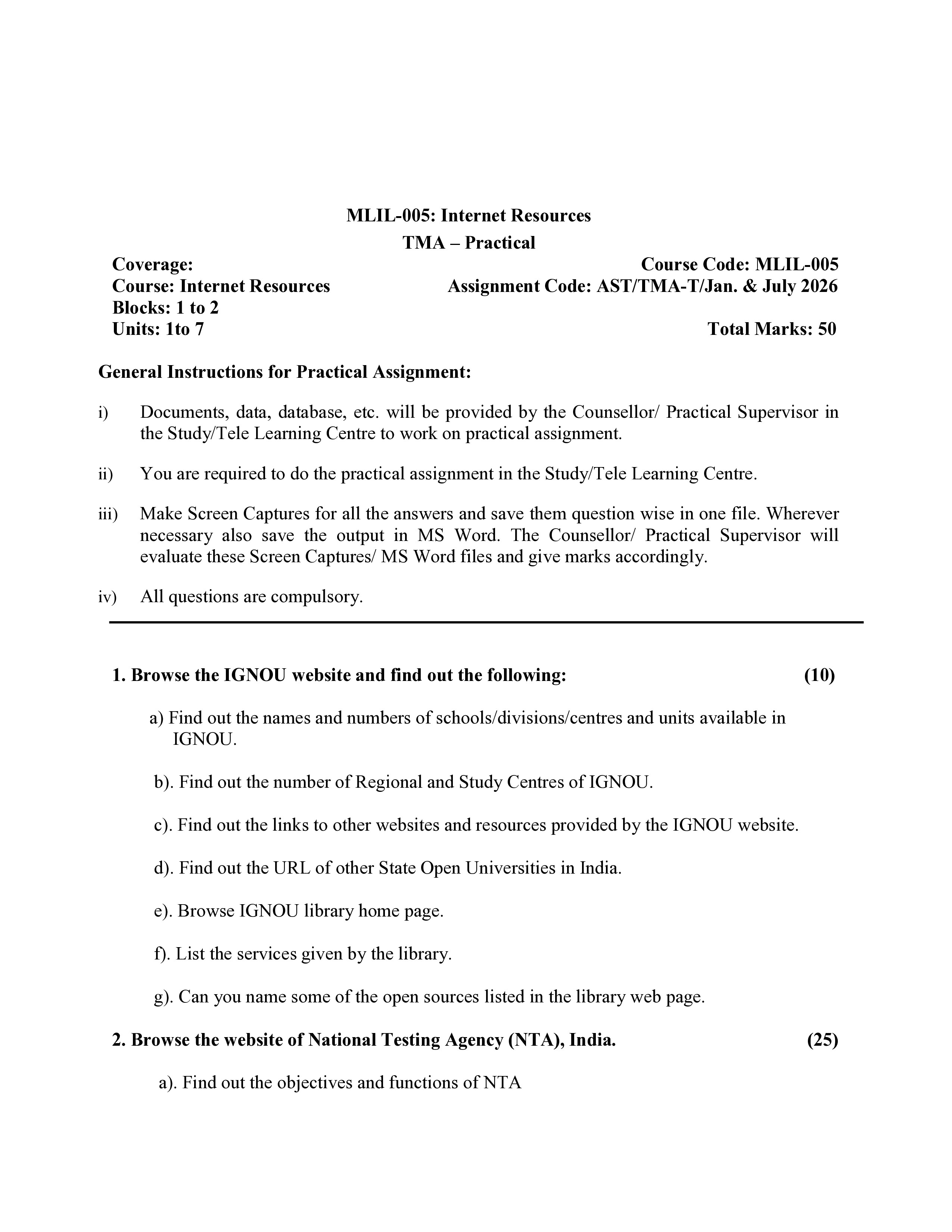IGNOU MLI 005 Solved Assignment 2026-26 – Internet Resources (English) | IGNOU Students Portal
