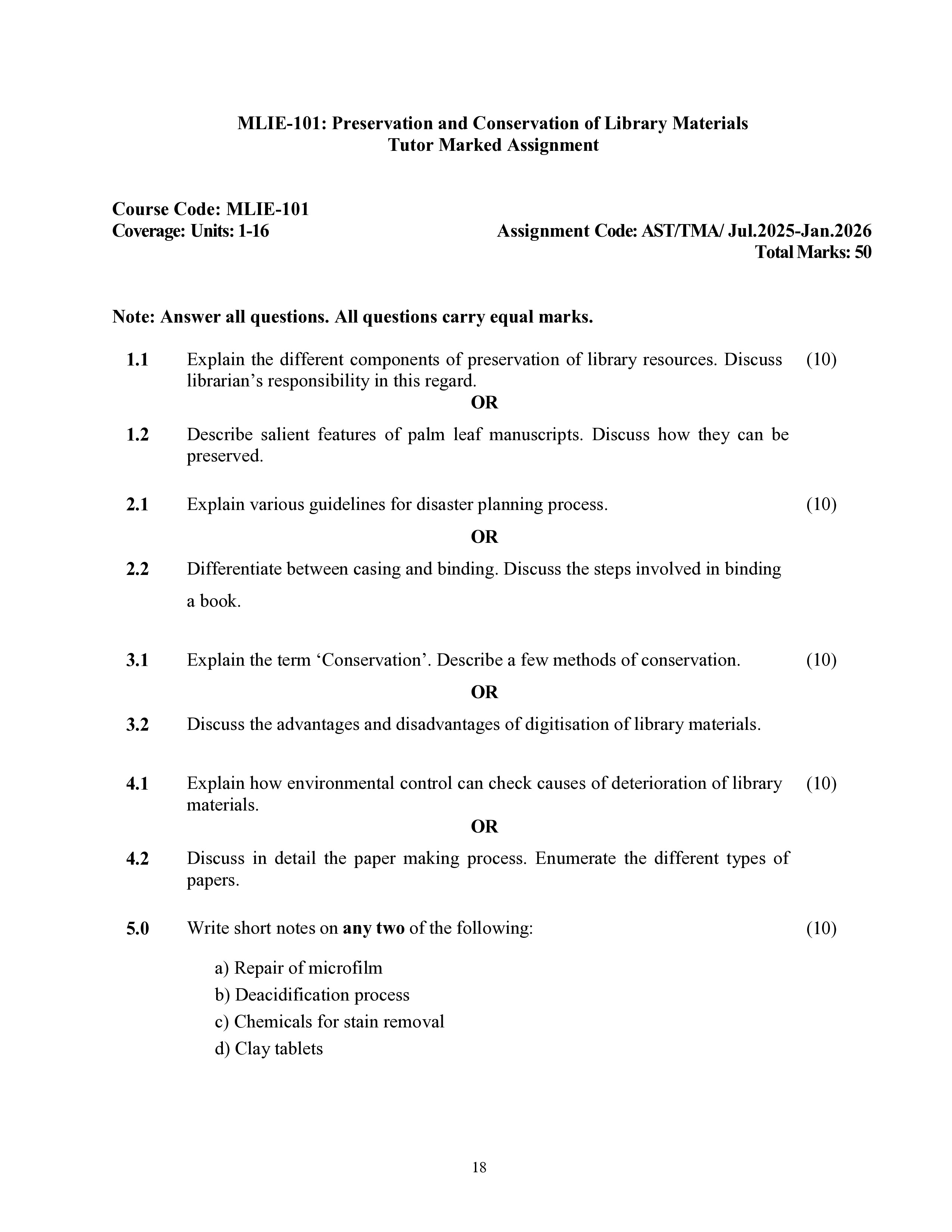 IGNOU MLIE 101 Solved Assignment 2025-2026 – Preservation And Conservation of Library Material (English) | IGNOU Students Portal