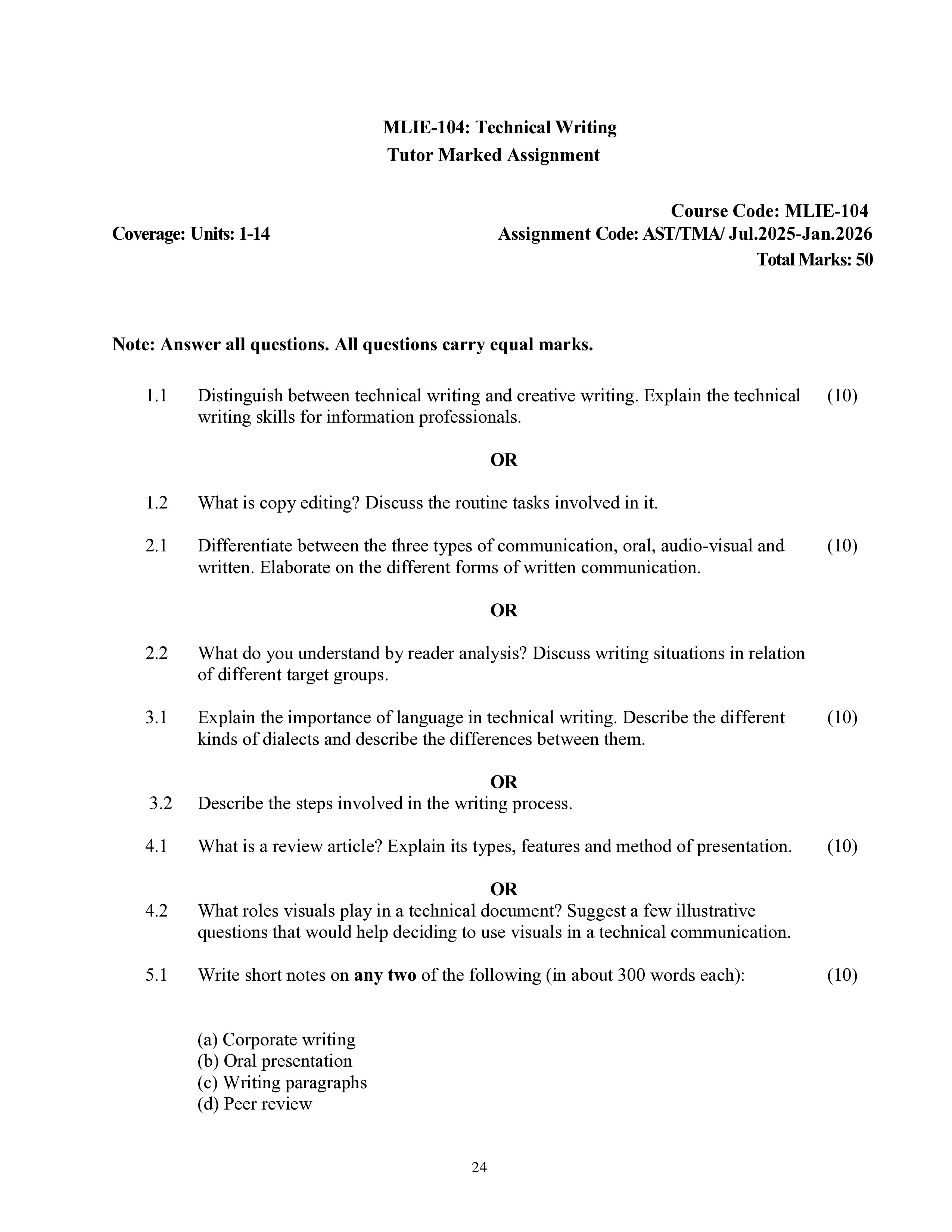 IGNOU MLIE 104 Solved Assignment 2025-2026 – Technical Writing (English) | IGNOU Students Portal