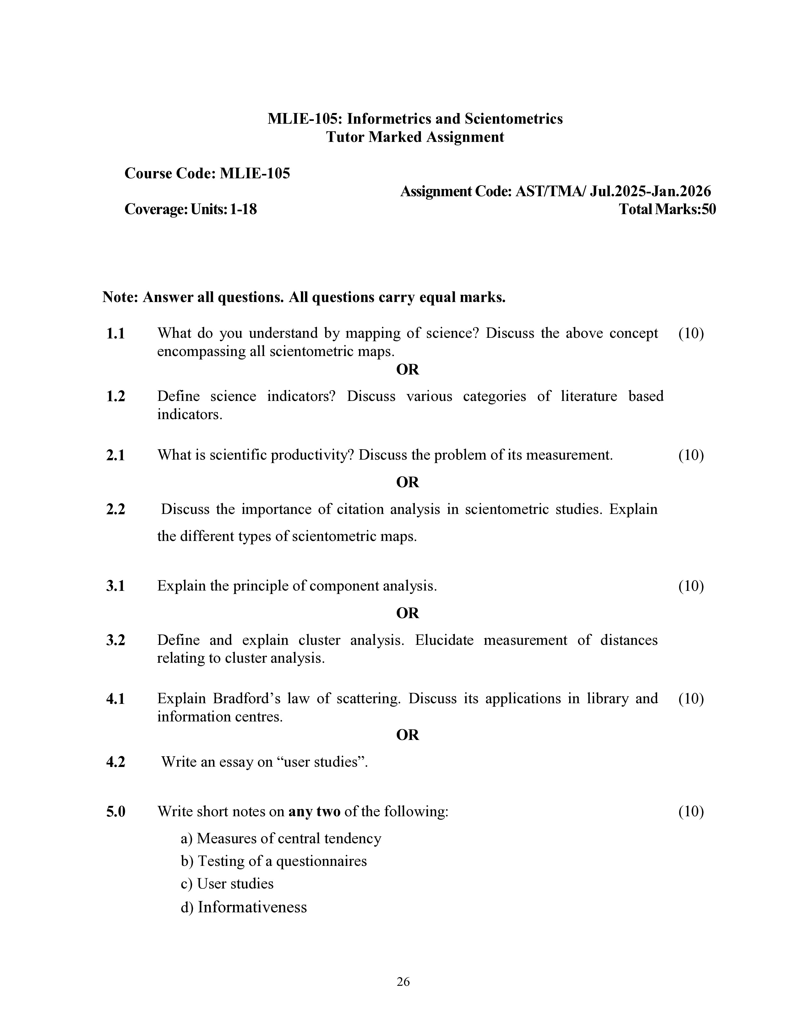 IGNOU MLIE 105 Solved Assignment 2025-2026 – Informetrics and Scientometrics (English) | IGNOU Students Portal