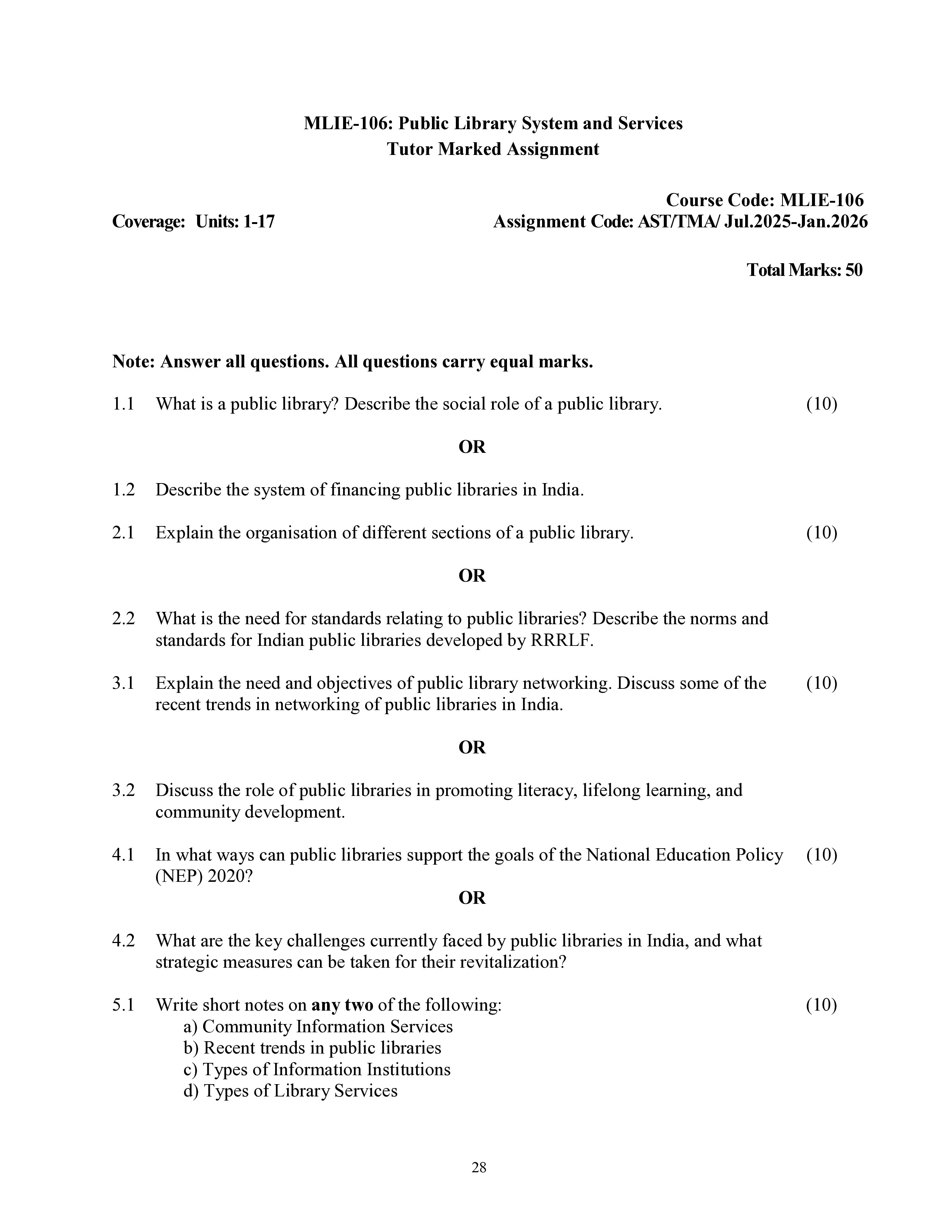 IGNOU MLIE 106 Solved Assignment 2025-2026 – Public Library System and Services (English) | IGNOU Students Portal