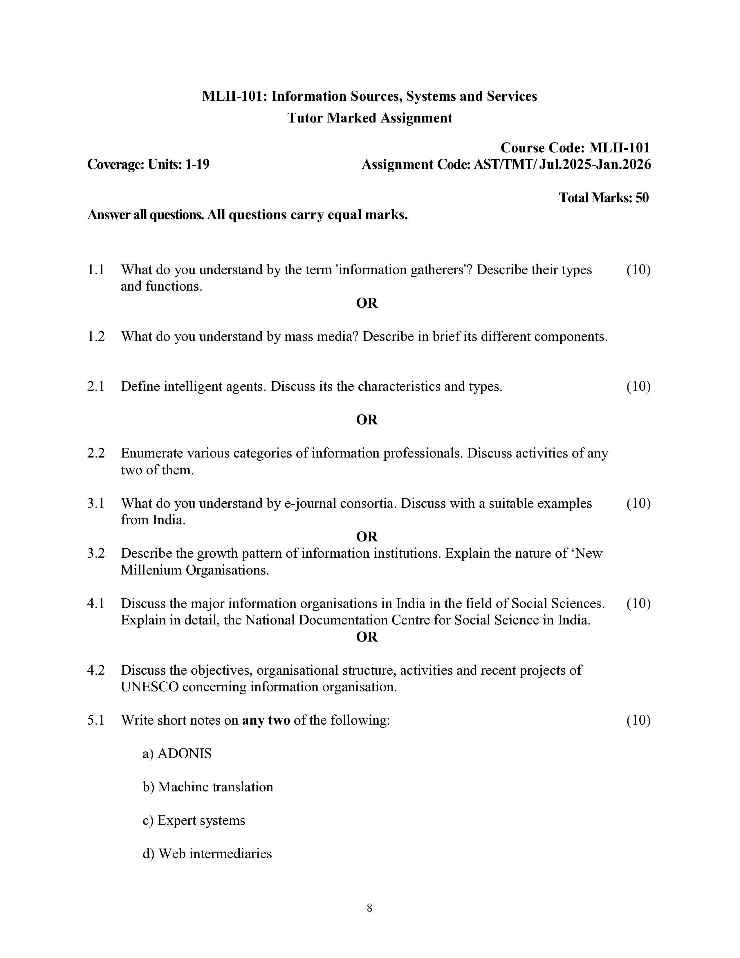 IGNOU MLII 101 Solved Assignment 2025-2026 – Information Sources, Systems and Services (English) | IGNOU Students Portal